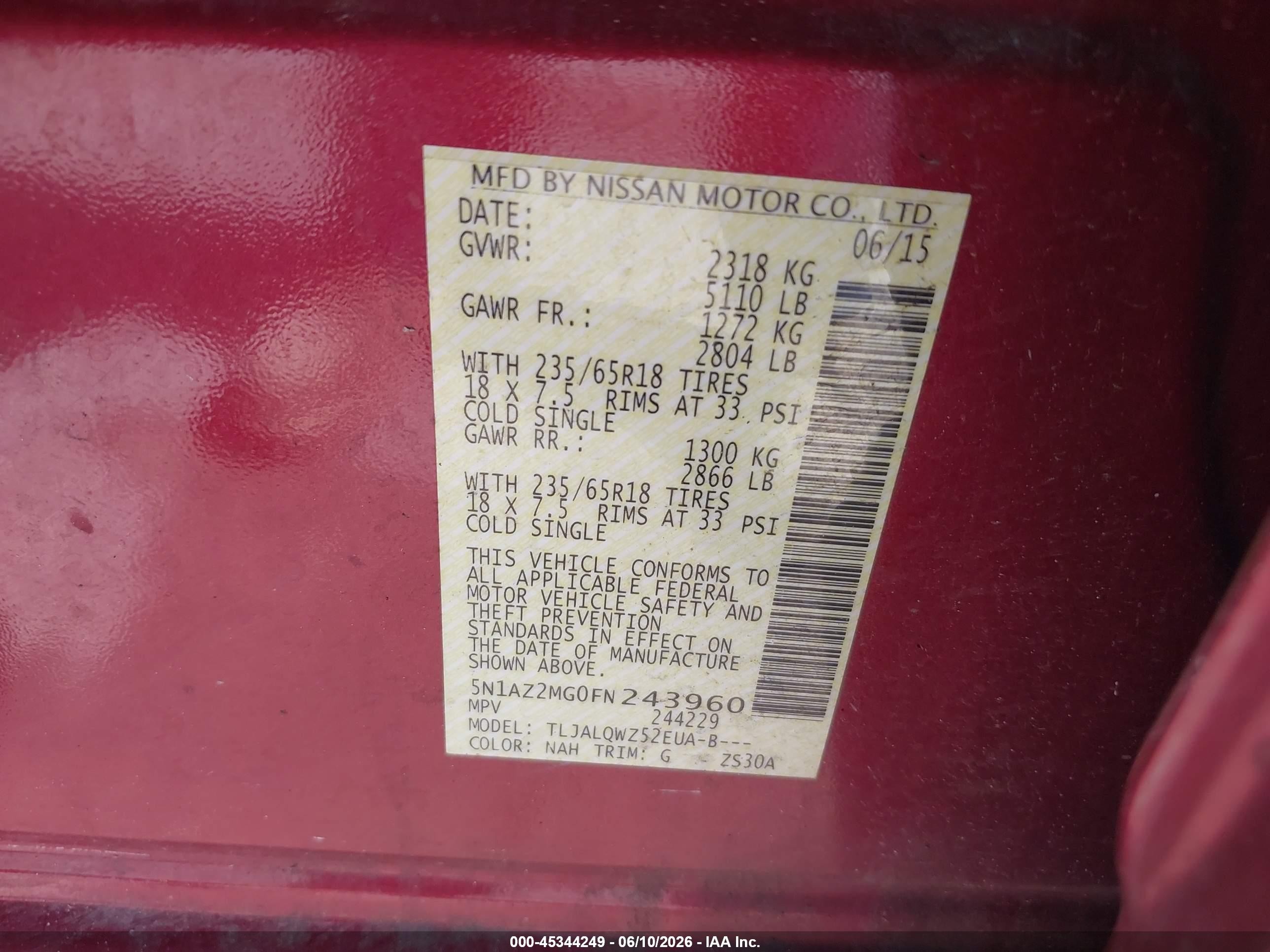 2015 Nissan Murano Sv Red vin: 5N1AZ2MG0FN243960