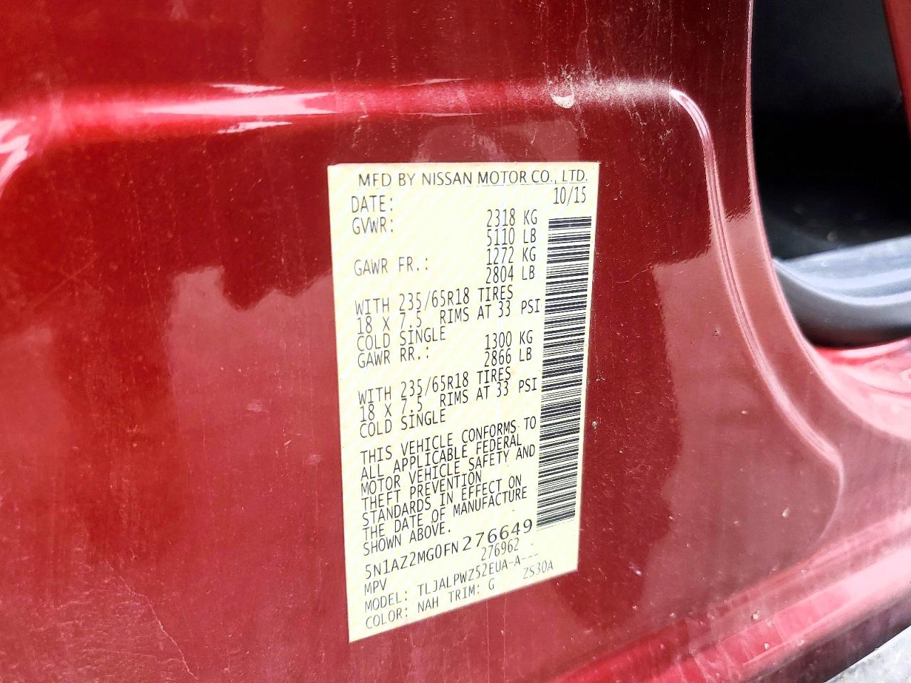 2015 Nissan Murano S Red vin: 5N1AZ2MG0FN276649