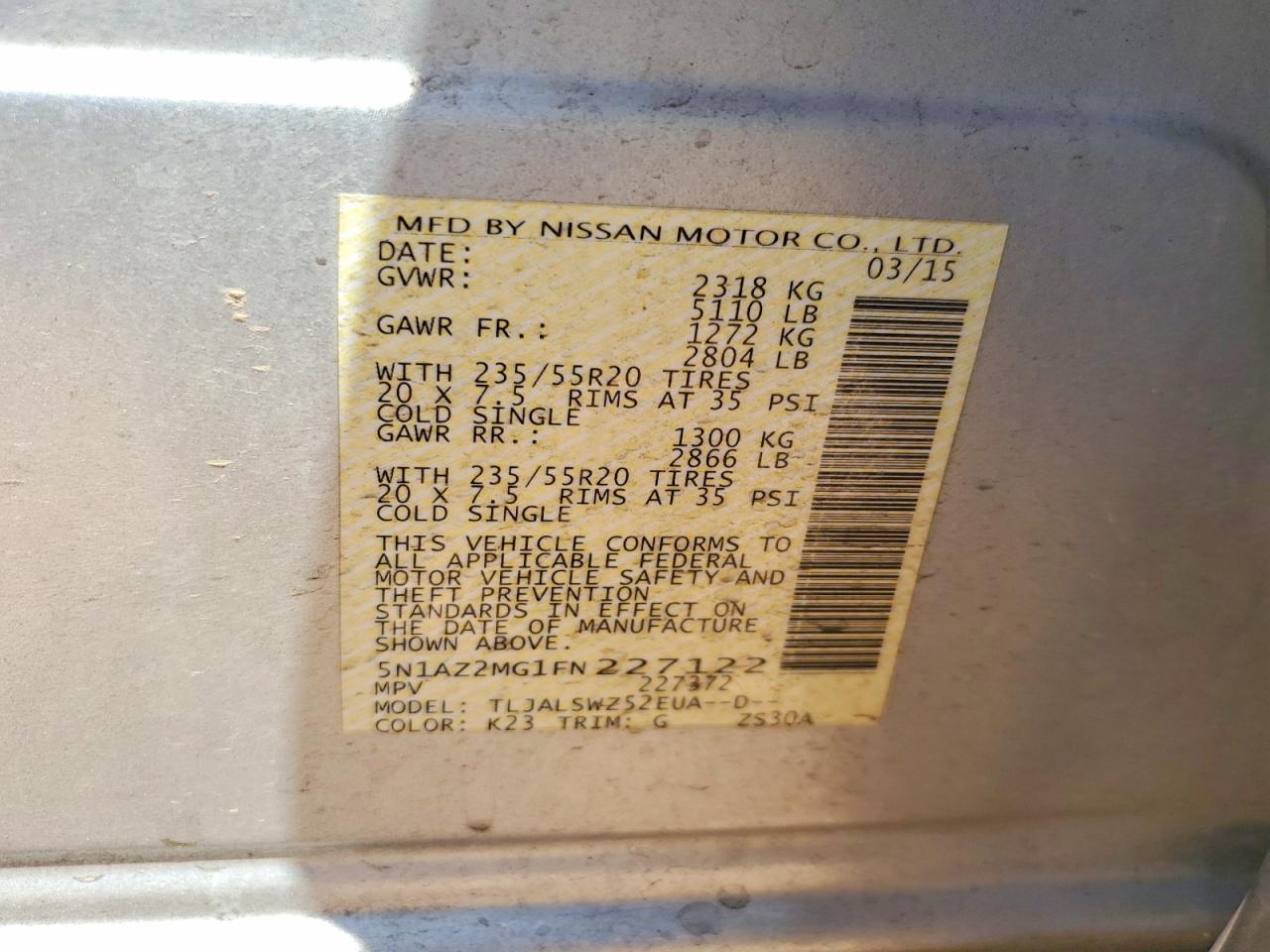 2015 Nissan Murano Platinum Серебряный vin: 5N1AZ2MG1FN227122