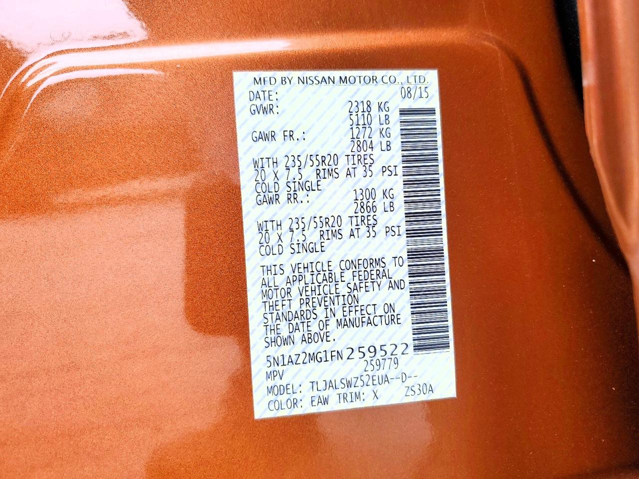 2015 Nissan Murano Platinum Orange vin: 5N1AZ2MG1FN259522