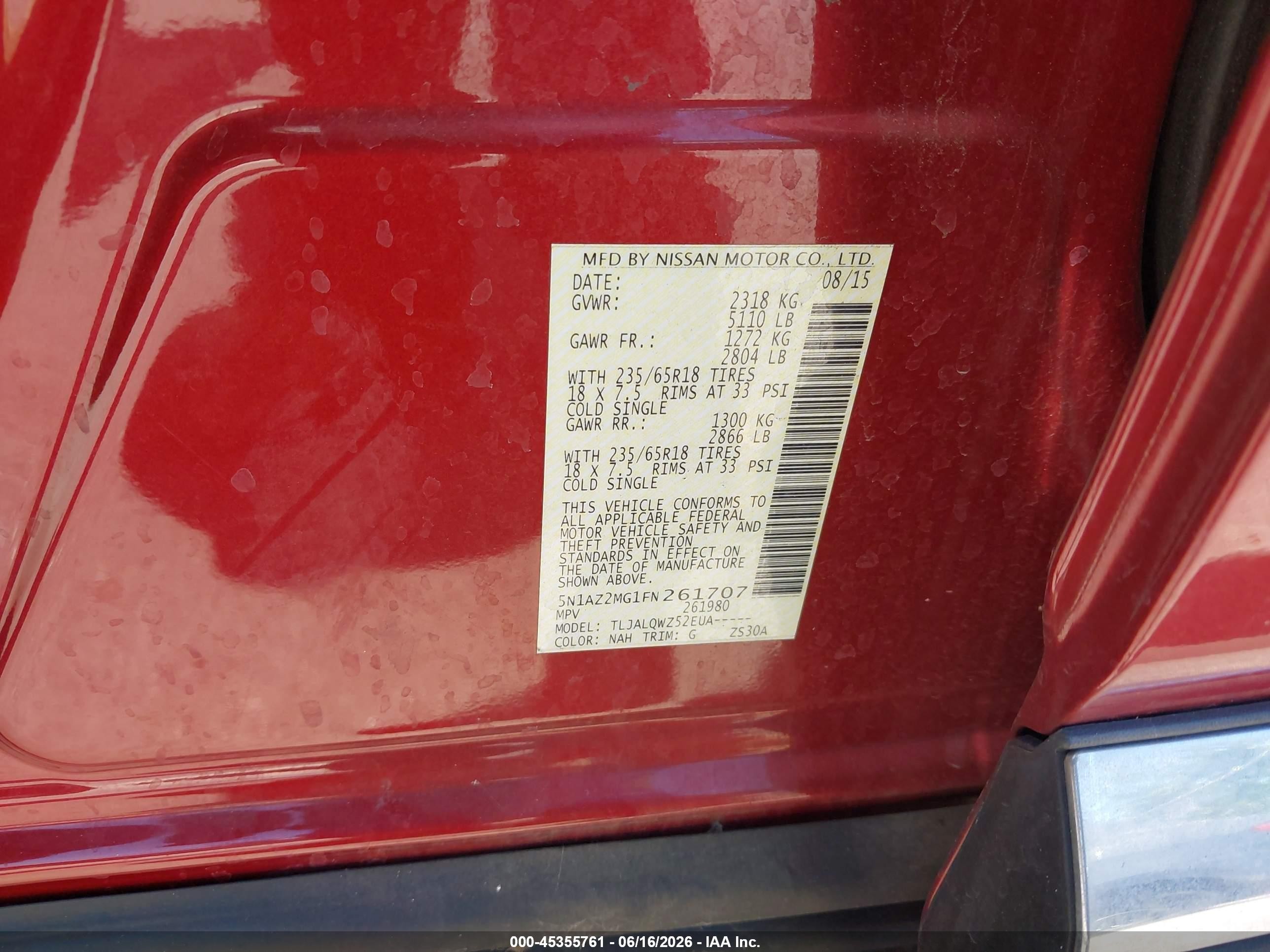 2015 Nissan Murano Sv Red vin: 5N1AZ2MG1FN261707