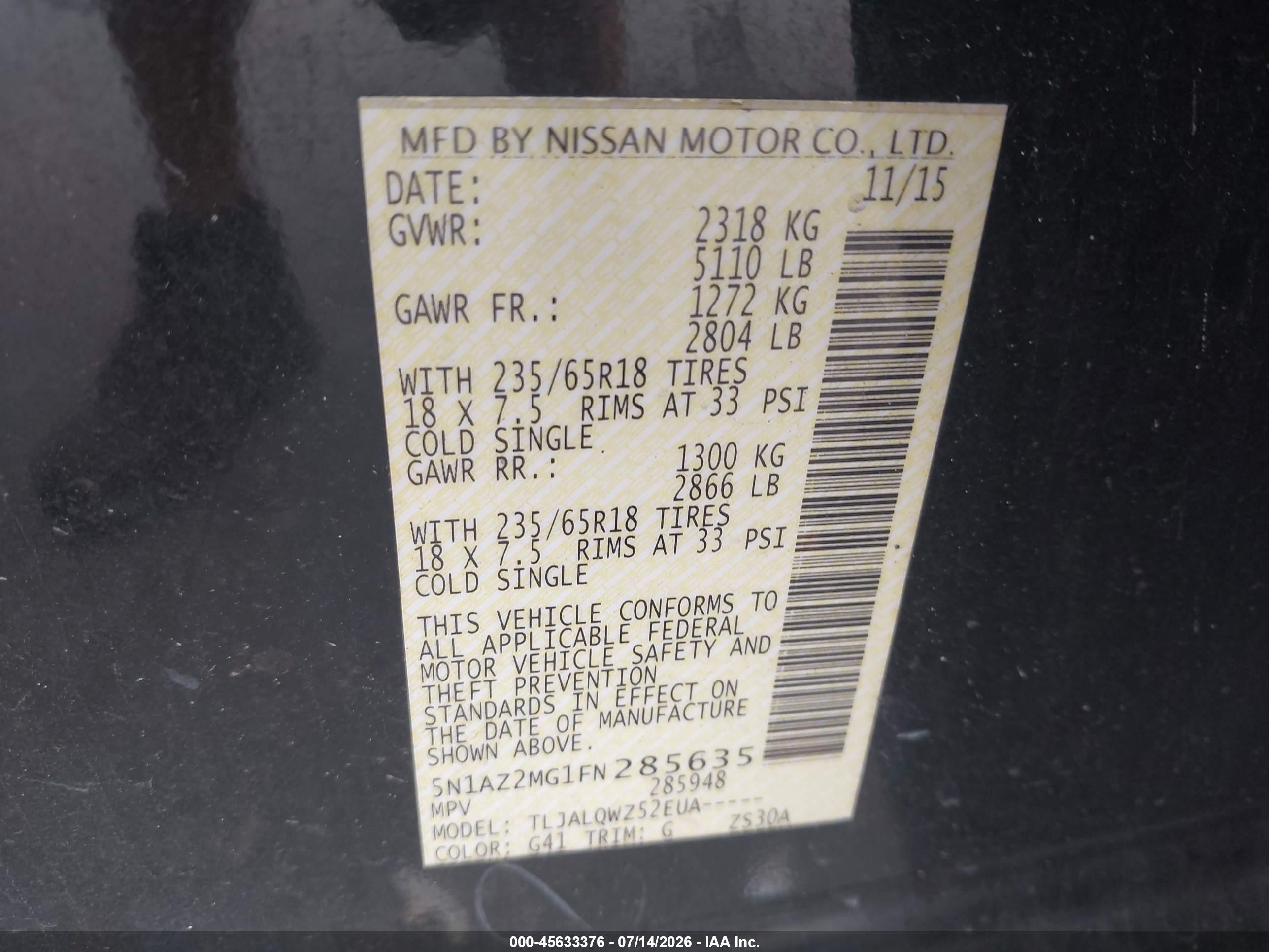 2015 Nissan Murano Sv Black vin: 5N1AZ2MG1FN285635
