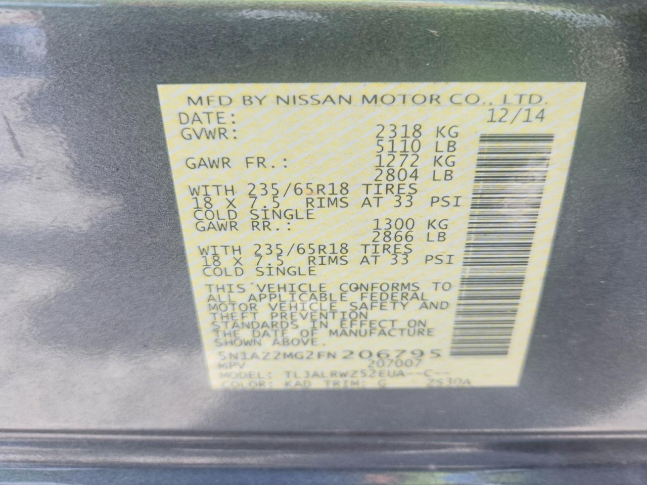 2015 Nissan Murano Sl Gray vin: 5N1AZ2MG2FN206795