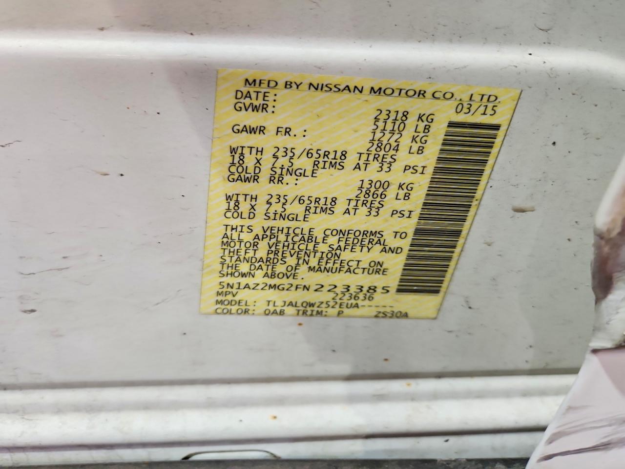 2015 Nissan Murano Sv Белый vin: 5N1AZ2MG2FN223385