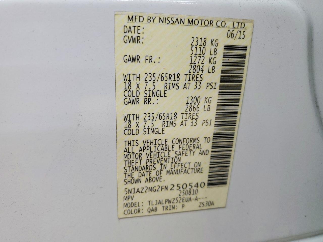 2015 Nissan Murano S White vin: 5N1AZ2MG2FN250540