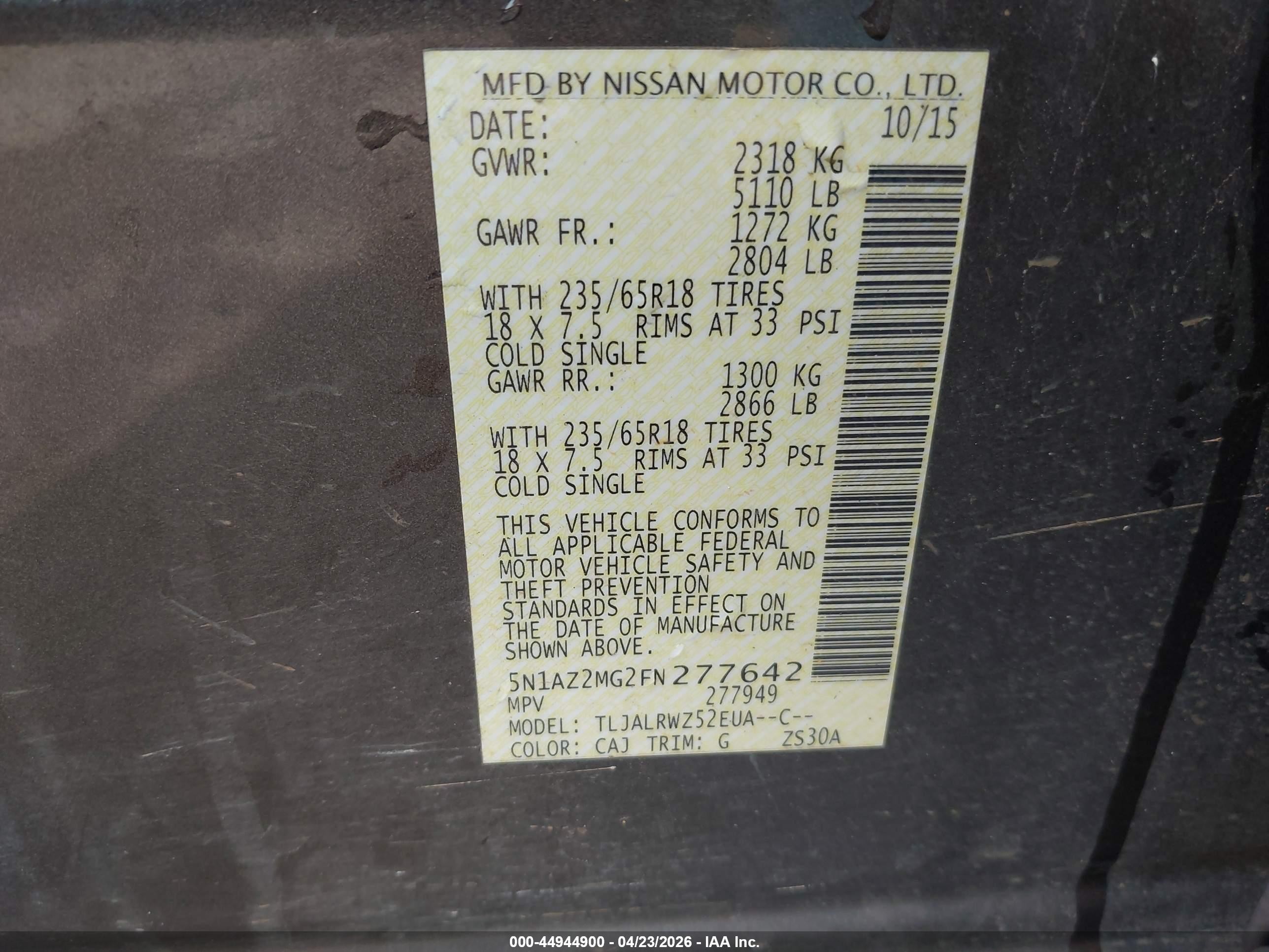 2015 Nissan Murano Sl Gray vin: 5N1AZ2MG2FN277642