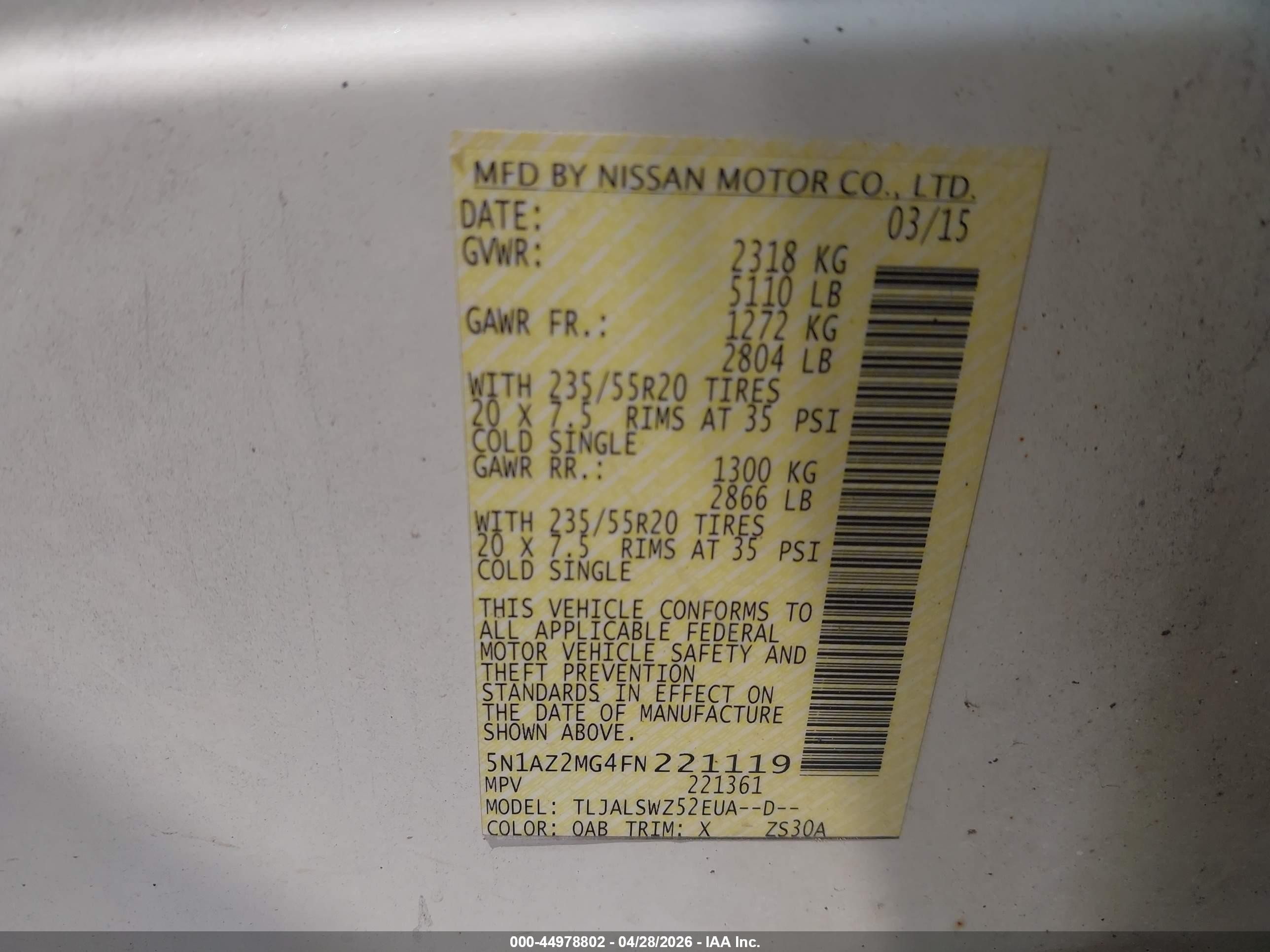 2015 Nissan Murano Platinum White vin: 5N1AZ2MG4FN221119
