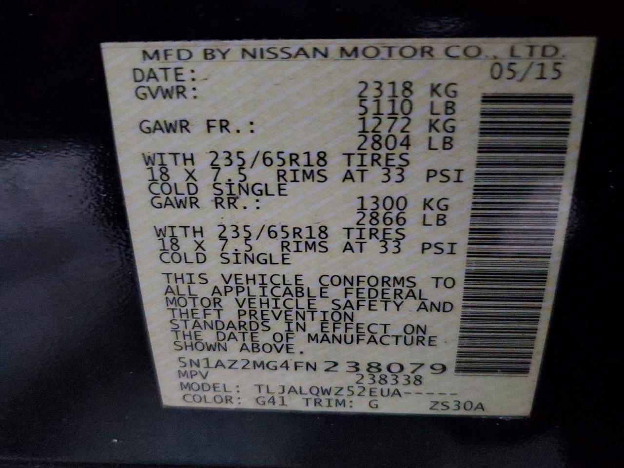 2015 Nissan Murano Sv Black vin: 5N1AZ2MG4FN238079