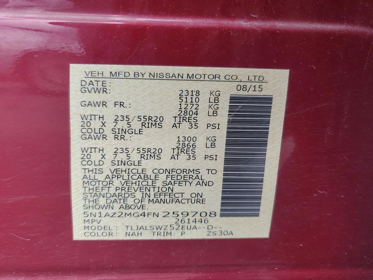2015 Nissan Murano Platinum Maroon vin: 5N1AZ2MG4FN259708