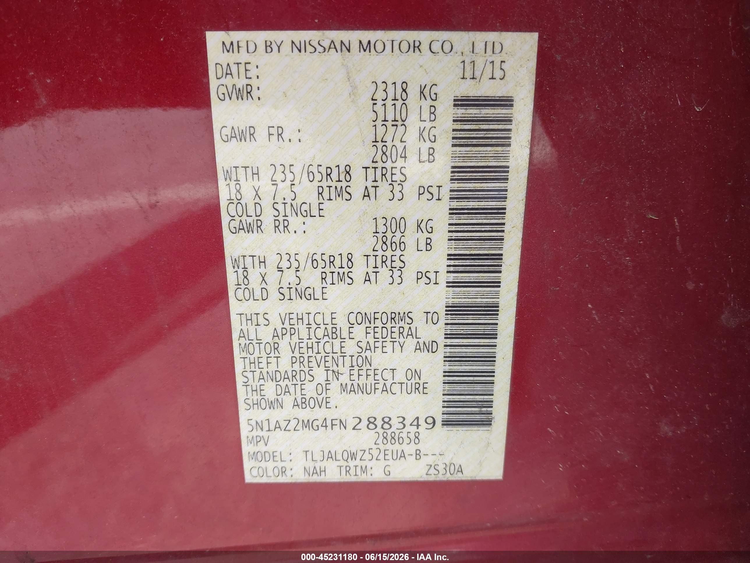 2015 Nissan Murano Platinum/s/sl/sv Red vin: 5N1AZ2MG4FN288349