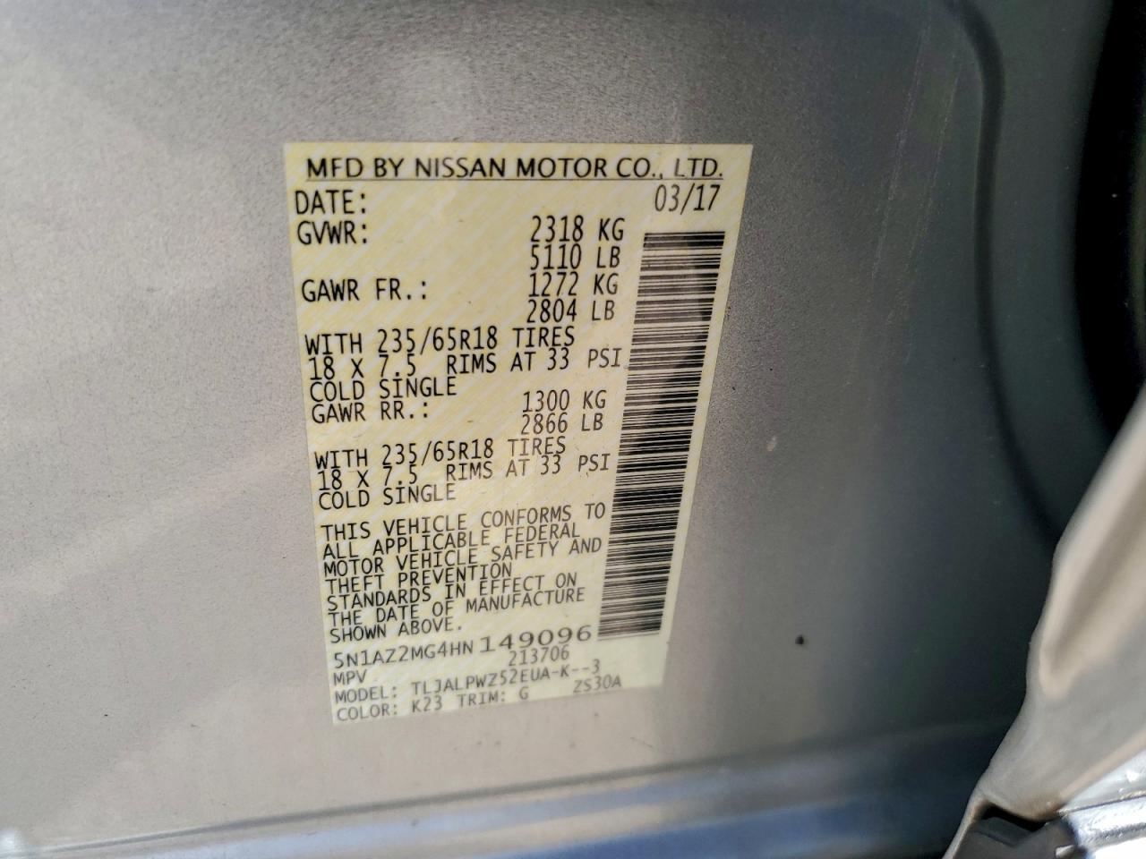 2017 Nissan Murano S White vin: 5N1AZ2MG4HN149096