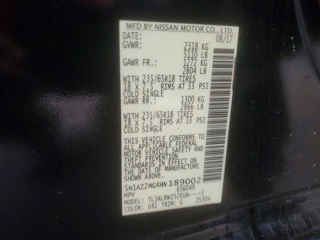 2017 Nissan Murano Sl Black vin: 5N1AZ2MG4HN189002