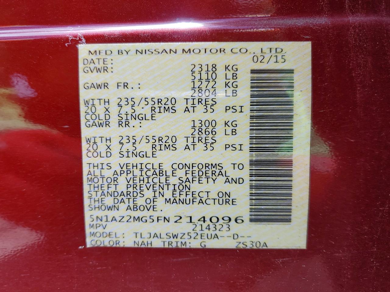 2015 Nissan Murano Platinum Red vin: 5N1AZ2MG5FN214096