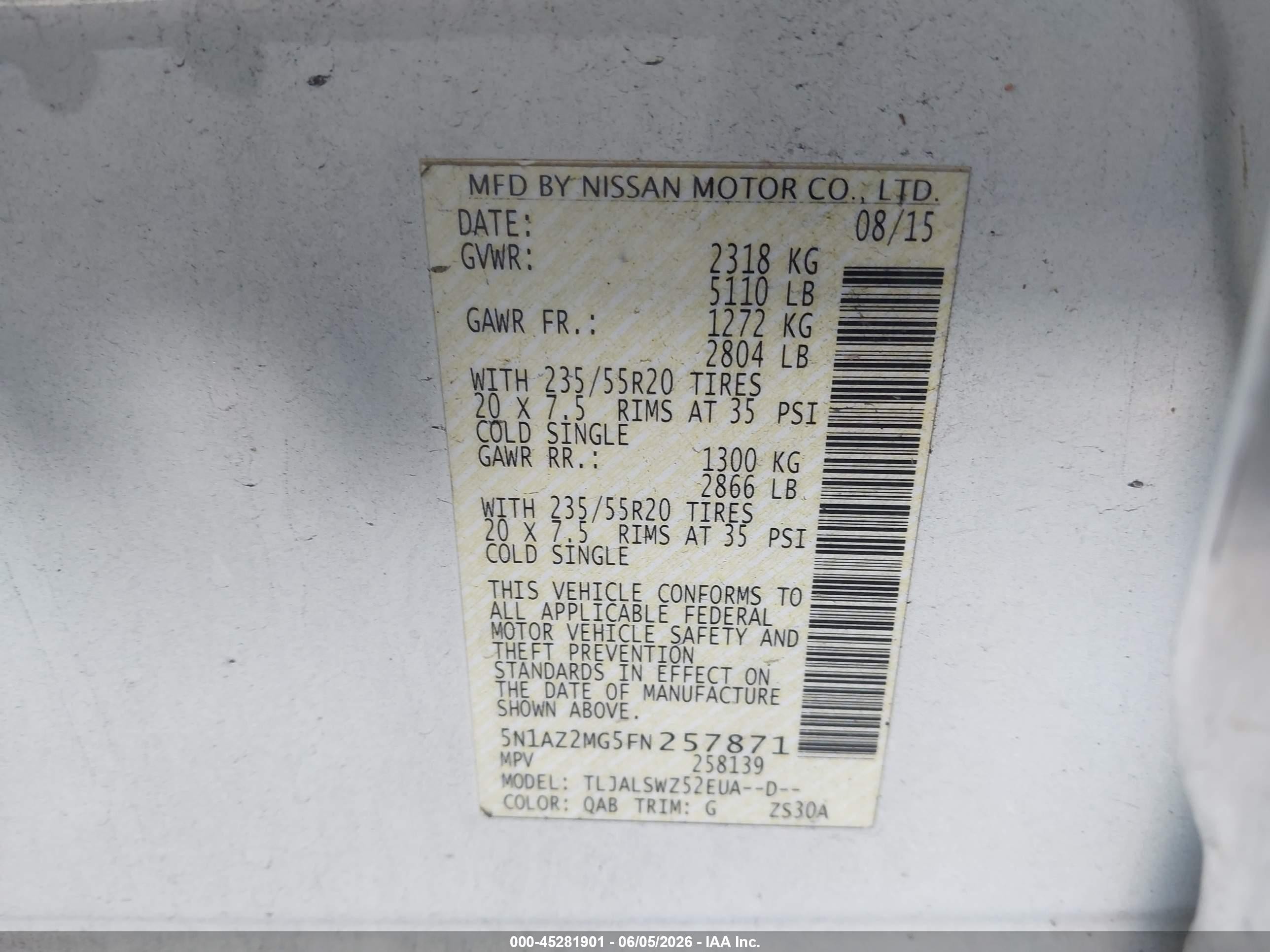 2015 Nissan Murano Platinum White vin: 5N1AZ2MG5FN257871