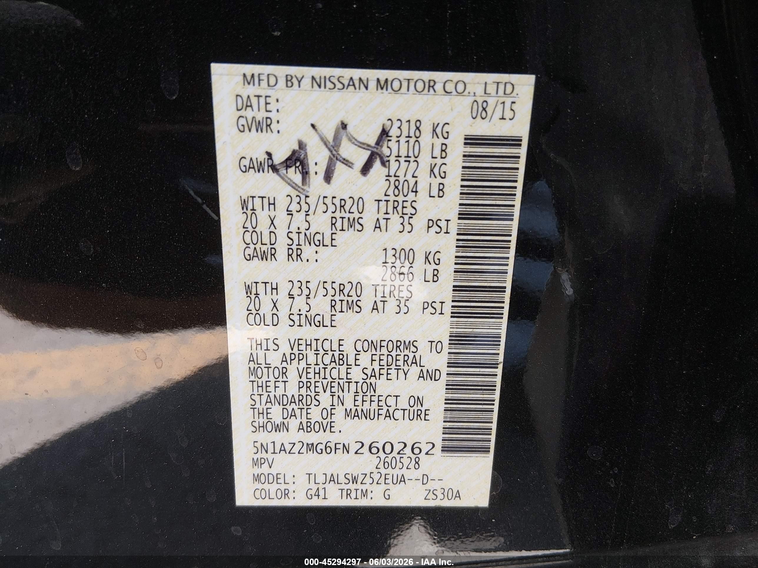 2015 Nissan Murano Platinum Black vin: 5N1AZ2MG6FN260262