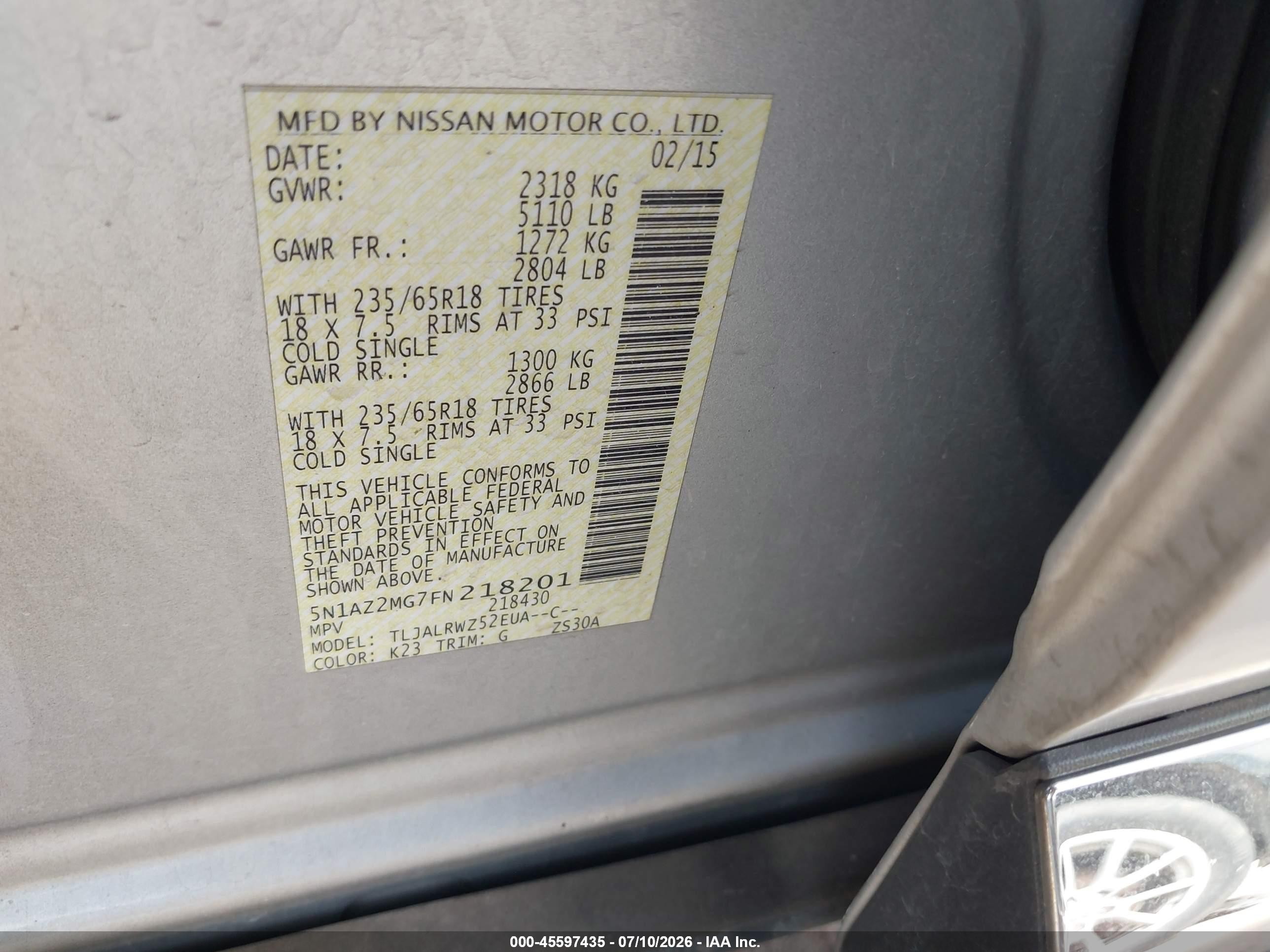 2015 Nissan Murano Sl Серебряный vin: 5N1AZ2MG7FN218201