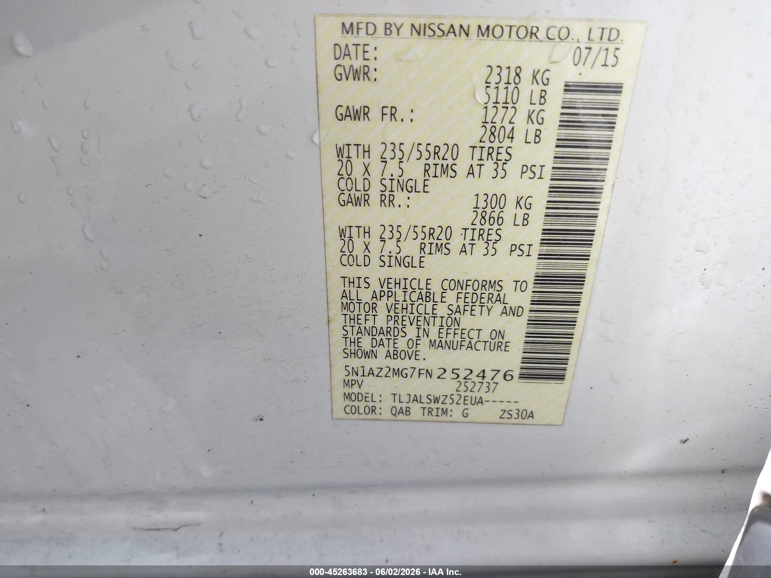 2015 Nissan Murano Platinum Белый vin: 5N1AZ2MG7FN252476