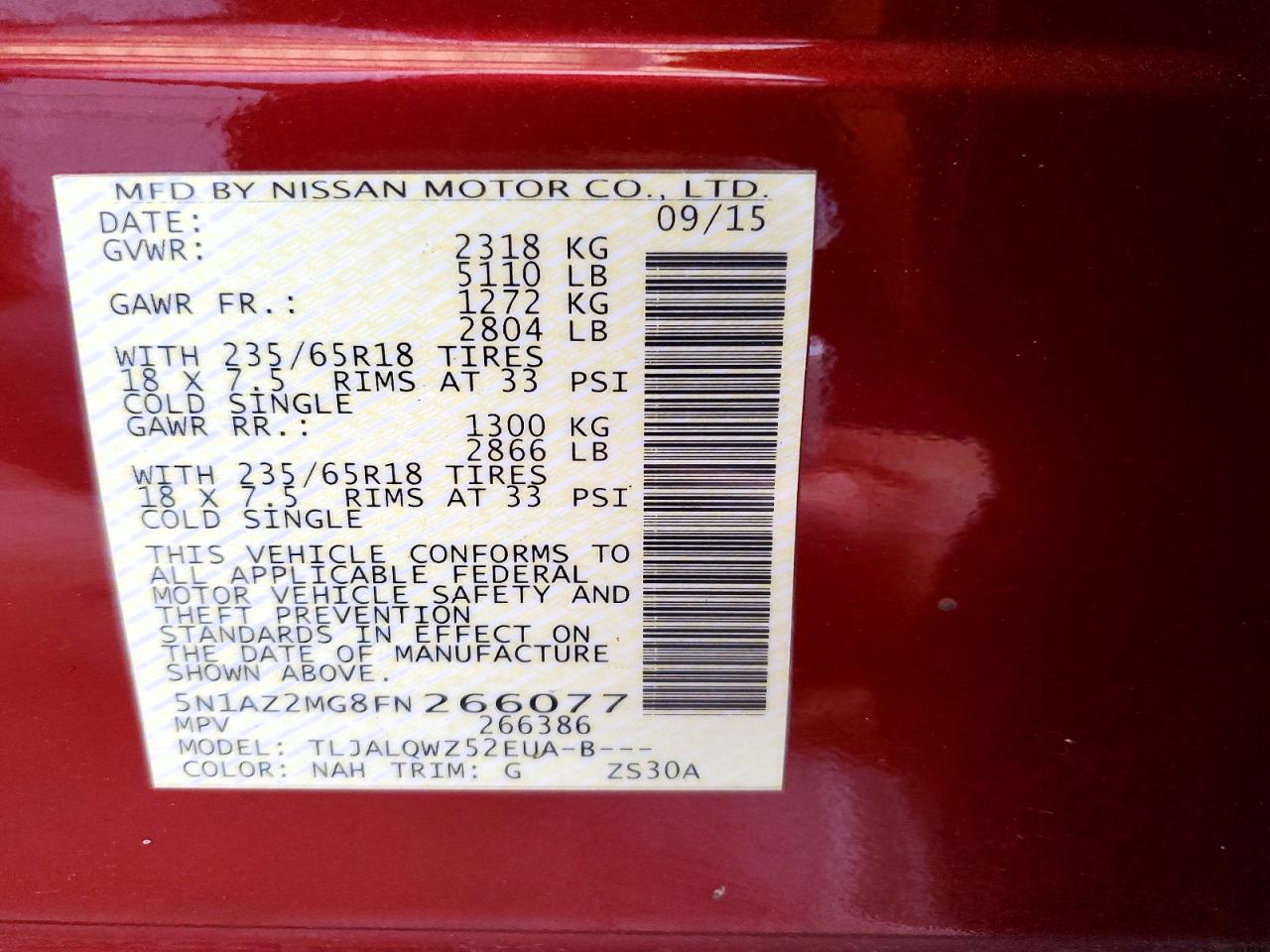 2015 Nissan Murano Sv Red vin: 5N1AZ2MG8FN266077
