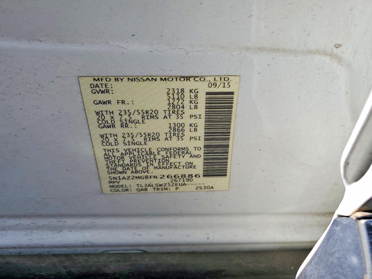 2015 Nissan Murano S White vin: 5N1AZ2MG8FN266886