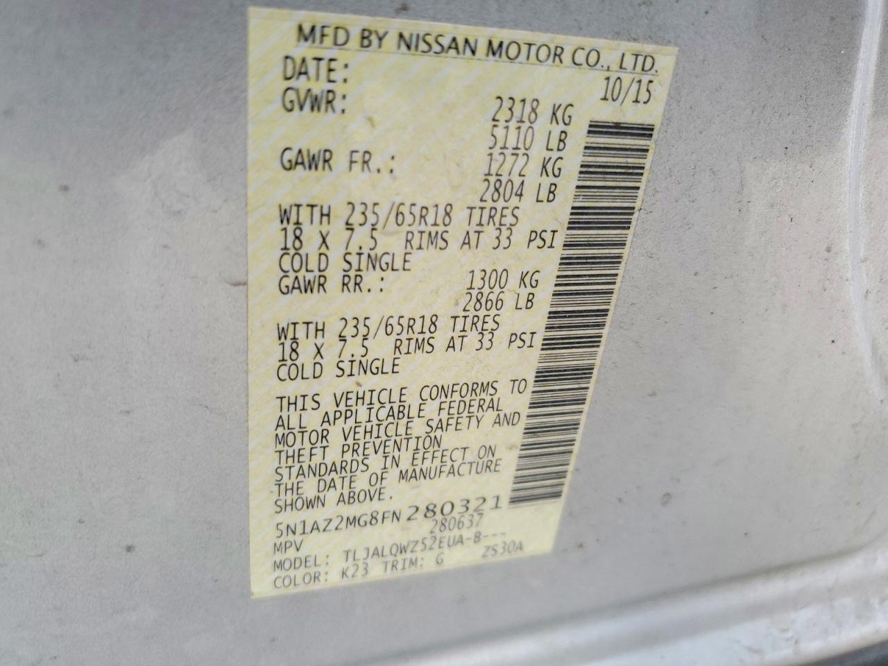 2015 Nissan Murano Sv Silver vin: 5N1AZ2MG8FN280321