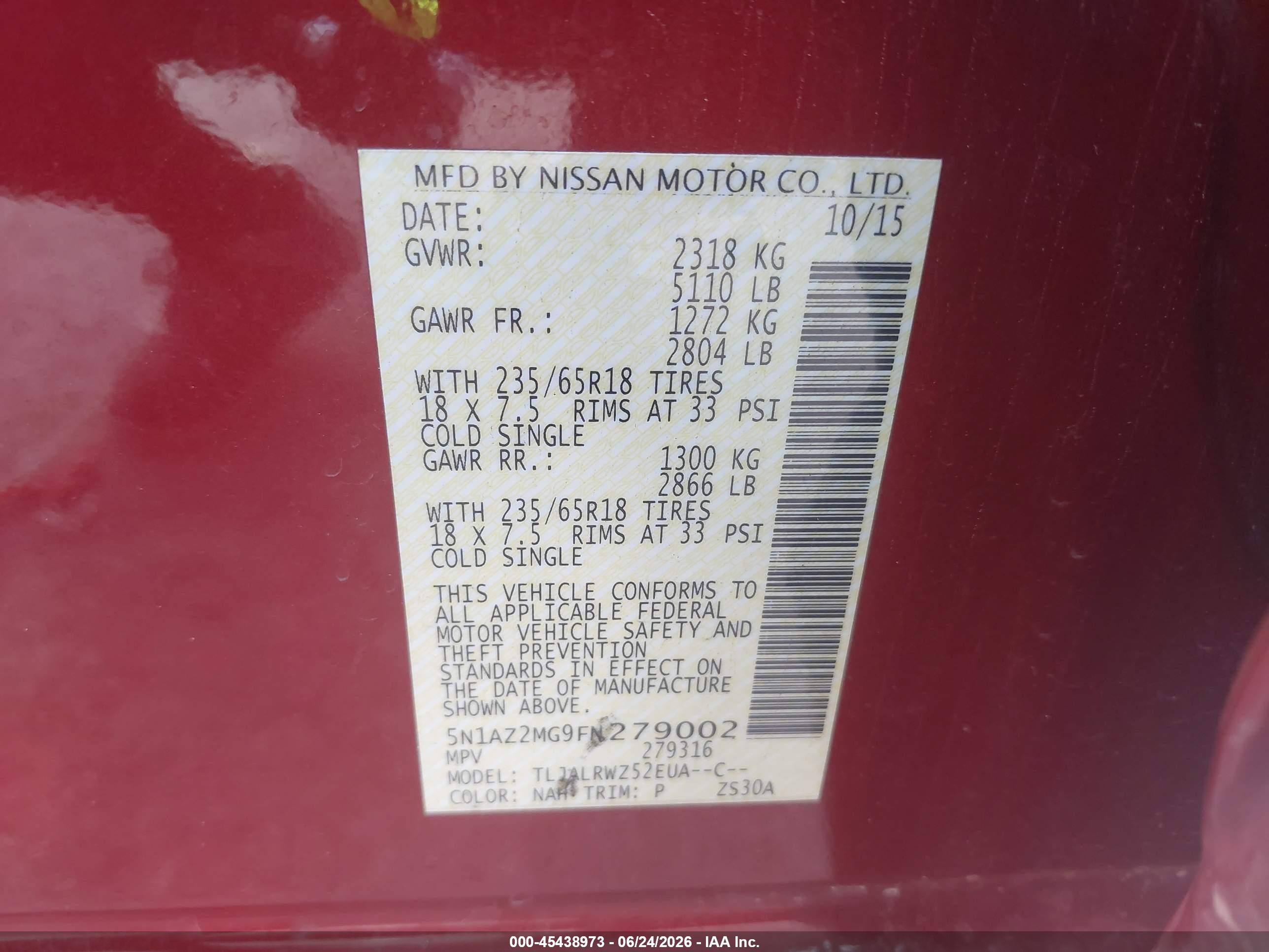 2015 Nissan Murano Sl Red vin: 5N1AZ2MG9FN279002