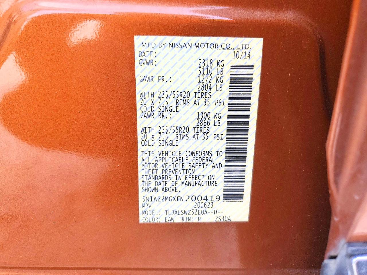 2015 Nissan Murano Platinum Orange vin: 5N1AZ2MGXFN200419