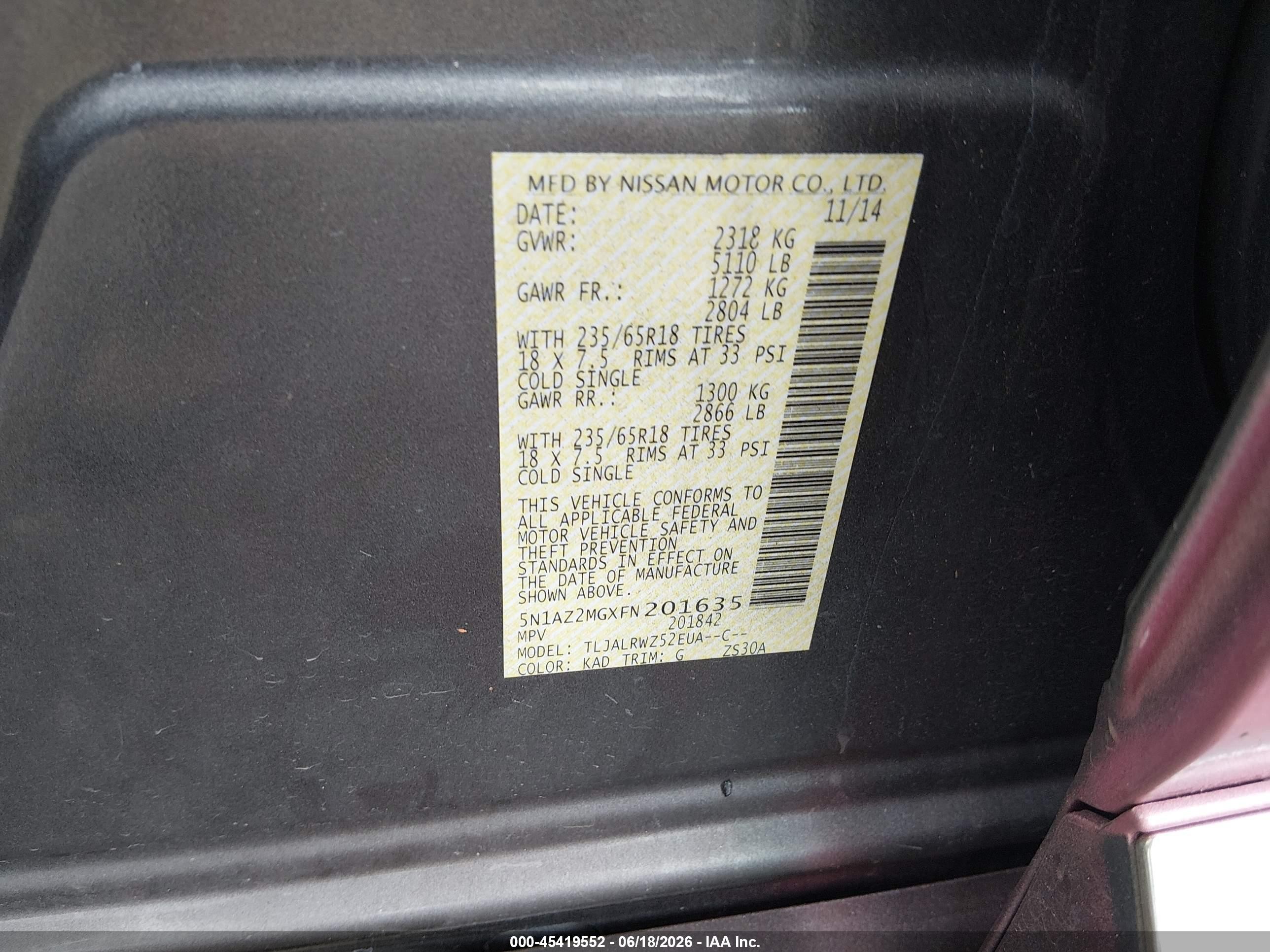 2015 Nissan Murano Sl Pink vin: 5N1AZ2MGXFN201635