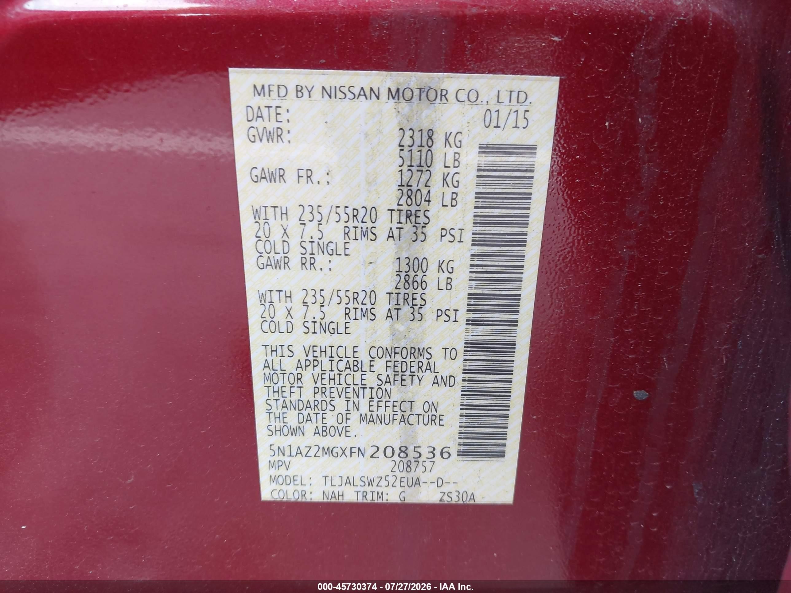 2015 Nissan Murano Platinum Red vin: 5N1AZ2MGXFN208536