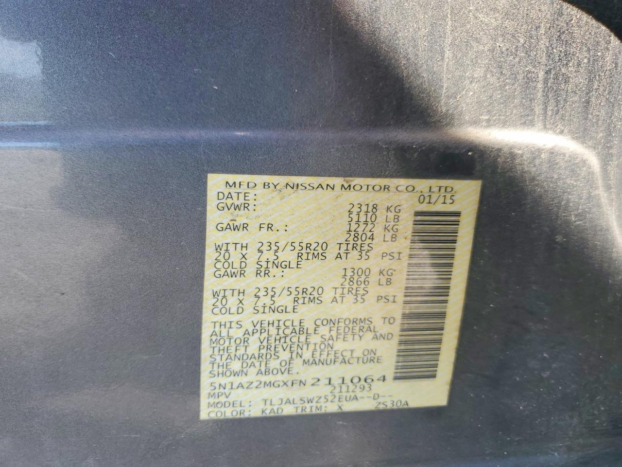 2015 Nissan Murano Platinum Серый vin: 5N1AZ2MGXFN211064