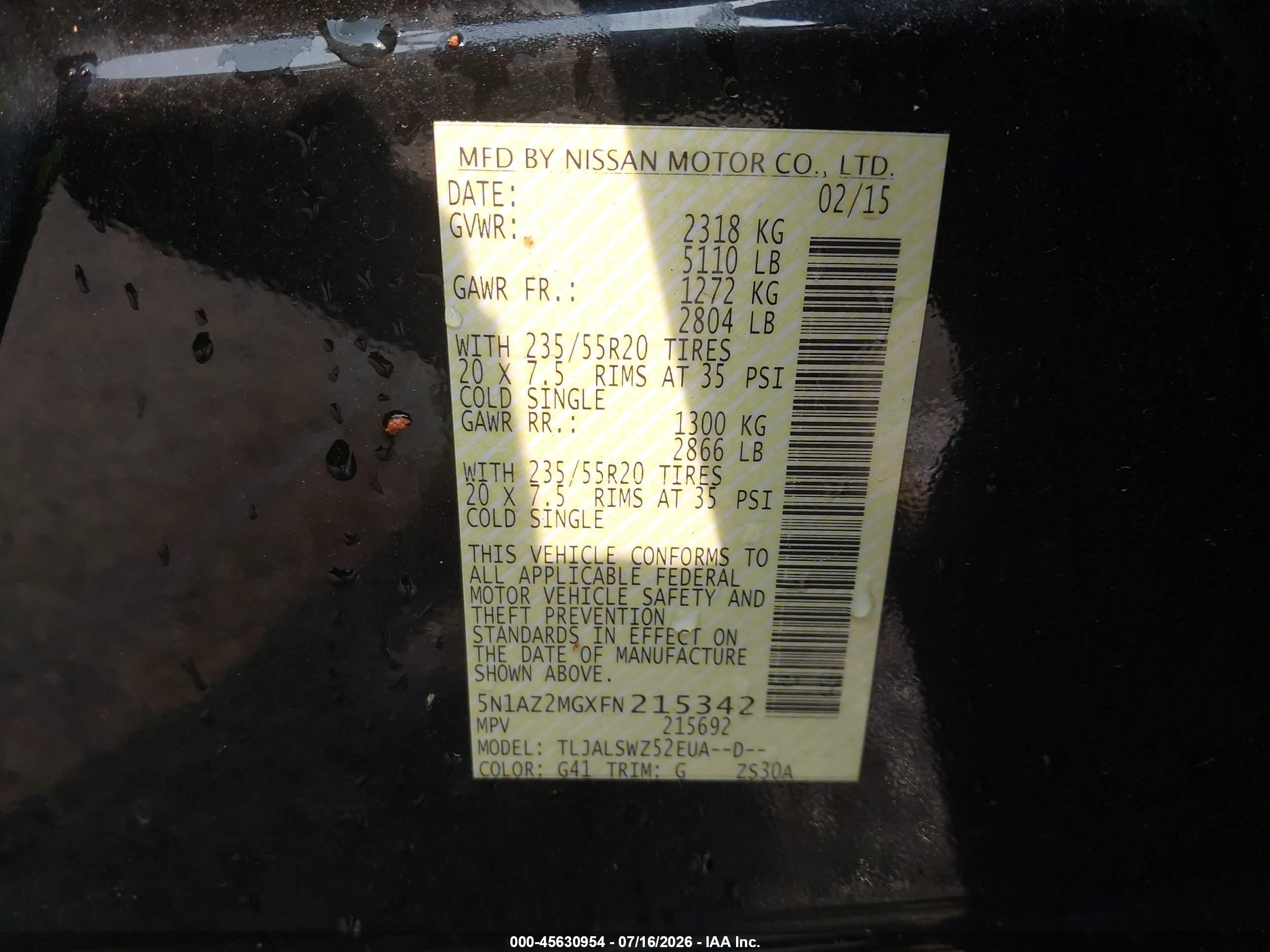 2015 Nissan Murano Platinum Black vin: 5N1AZ2MGXFN215342