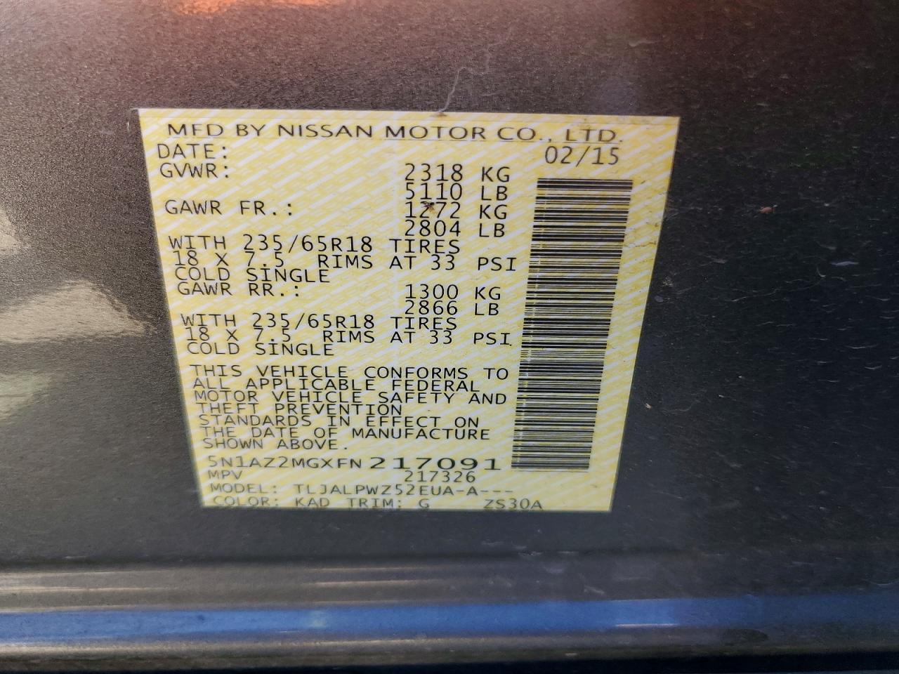 2015 Nissan Murano S Gray vin: 5N1AZ2MGXFN217091