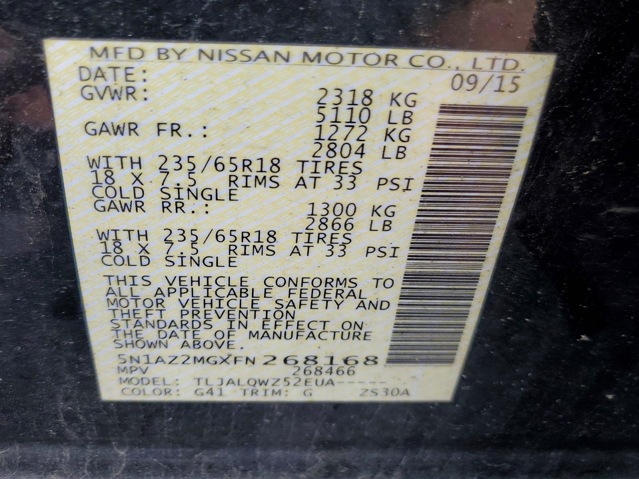 2015 Nissan Murano Sv Black vin: 5N1AZ2MGXFN268168