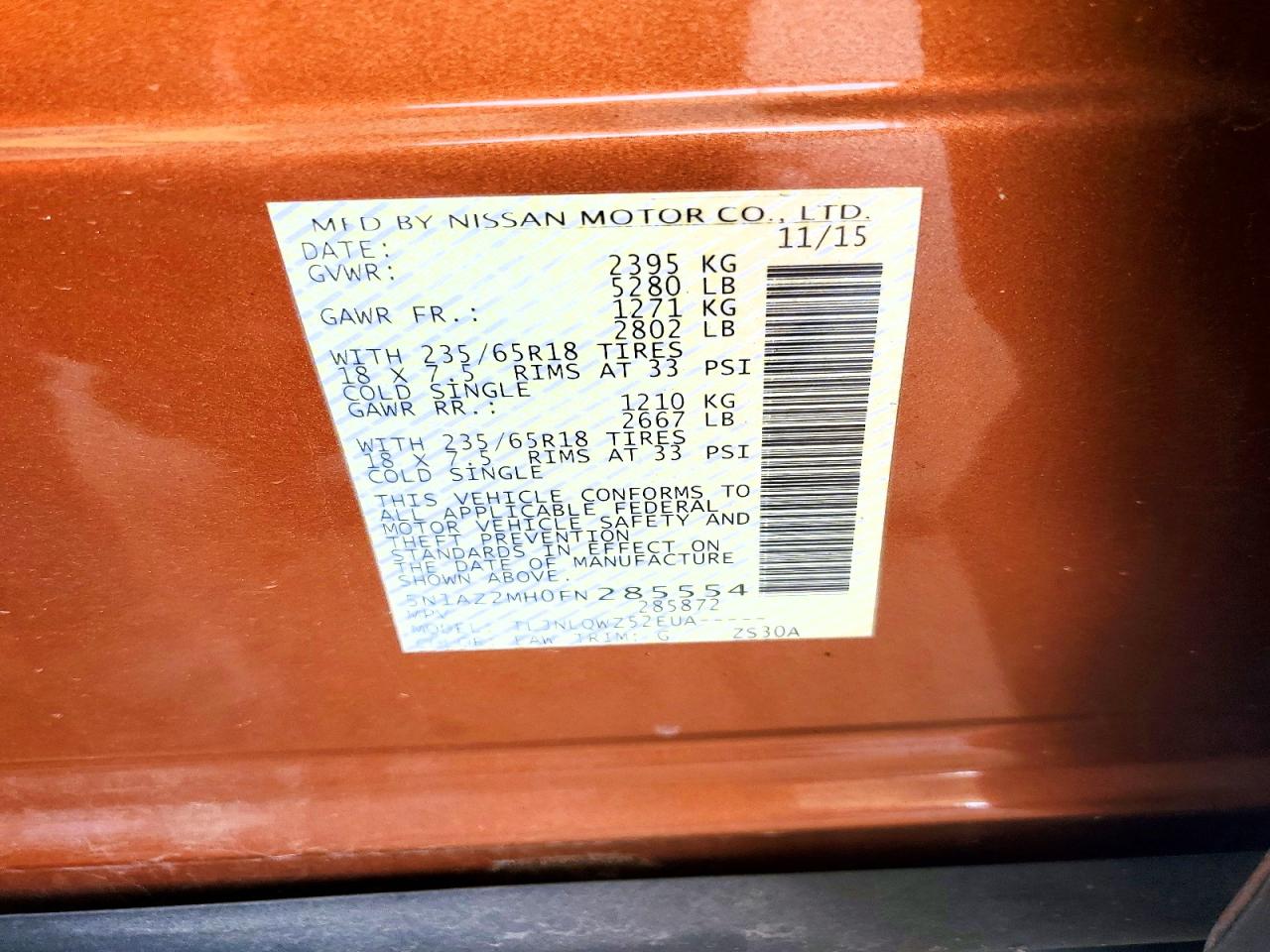 2015 Nissan Murano Sv Orange vin: 5N1AZ2MH0FN285554