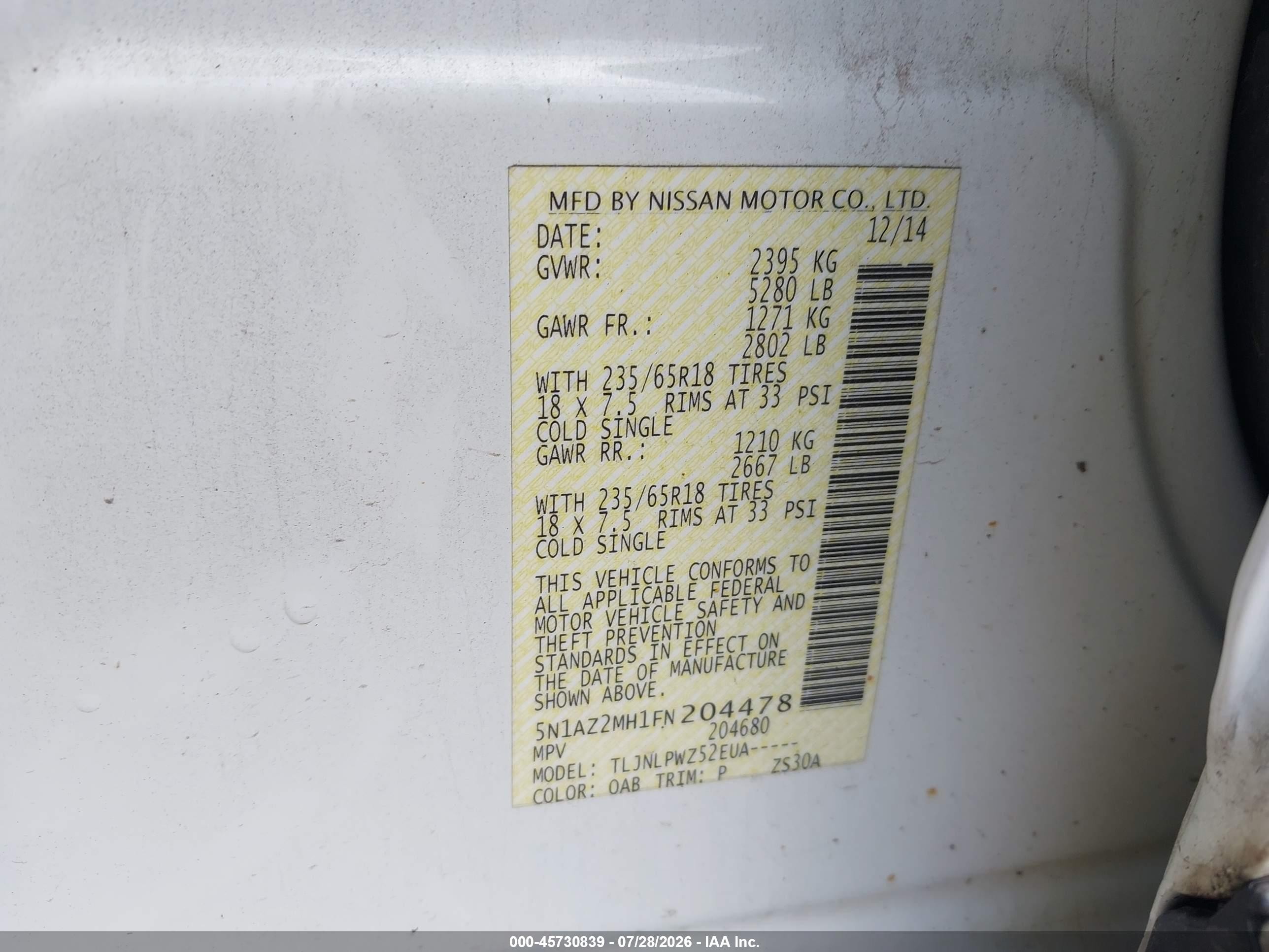 2015 Nissan Murano S White vin: 5N1AZ2MH1FN204478