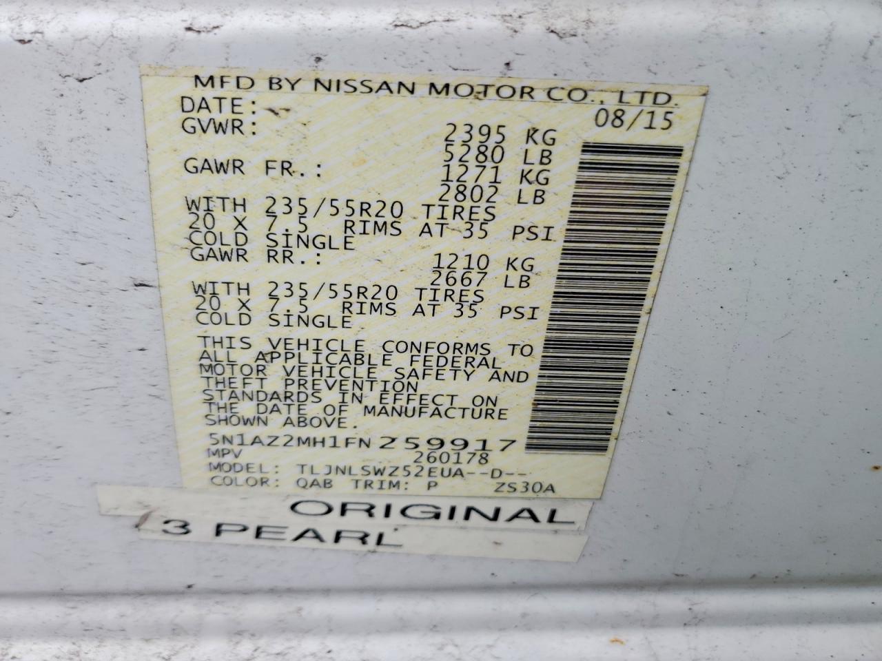 2015 Nissan Murano Platinum White vin: 5N1AZ2MH1FN259917