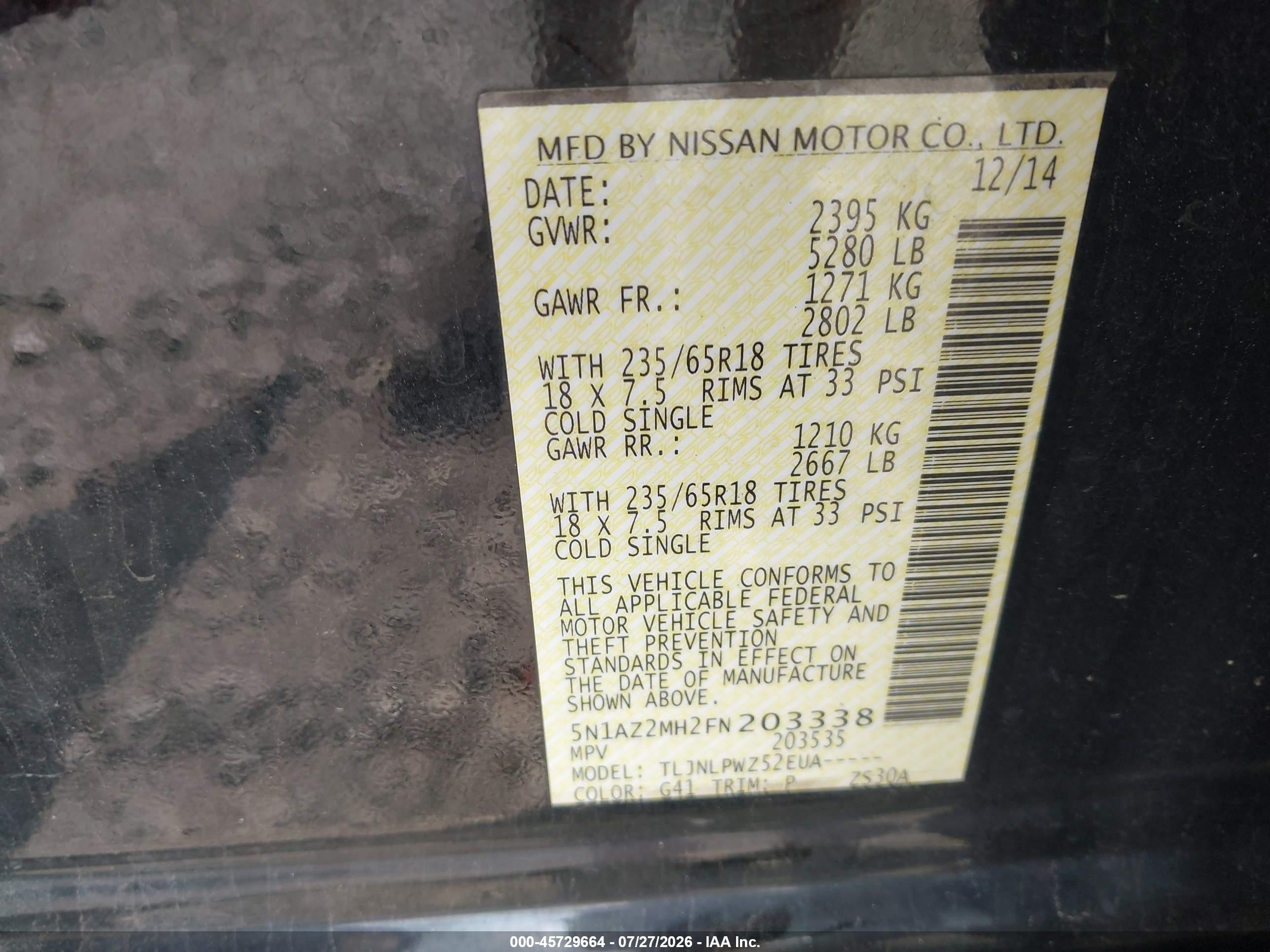 2015 Nissan Murano S Black vin: 5N1AZ2MH2FN203338