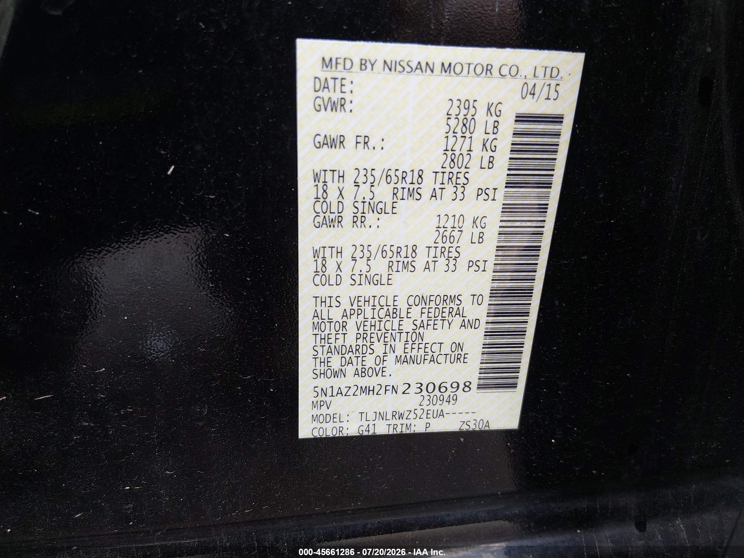 2015 Nissan Murano Sl Black vin: 5N1AZ2MH2FN230698