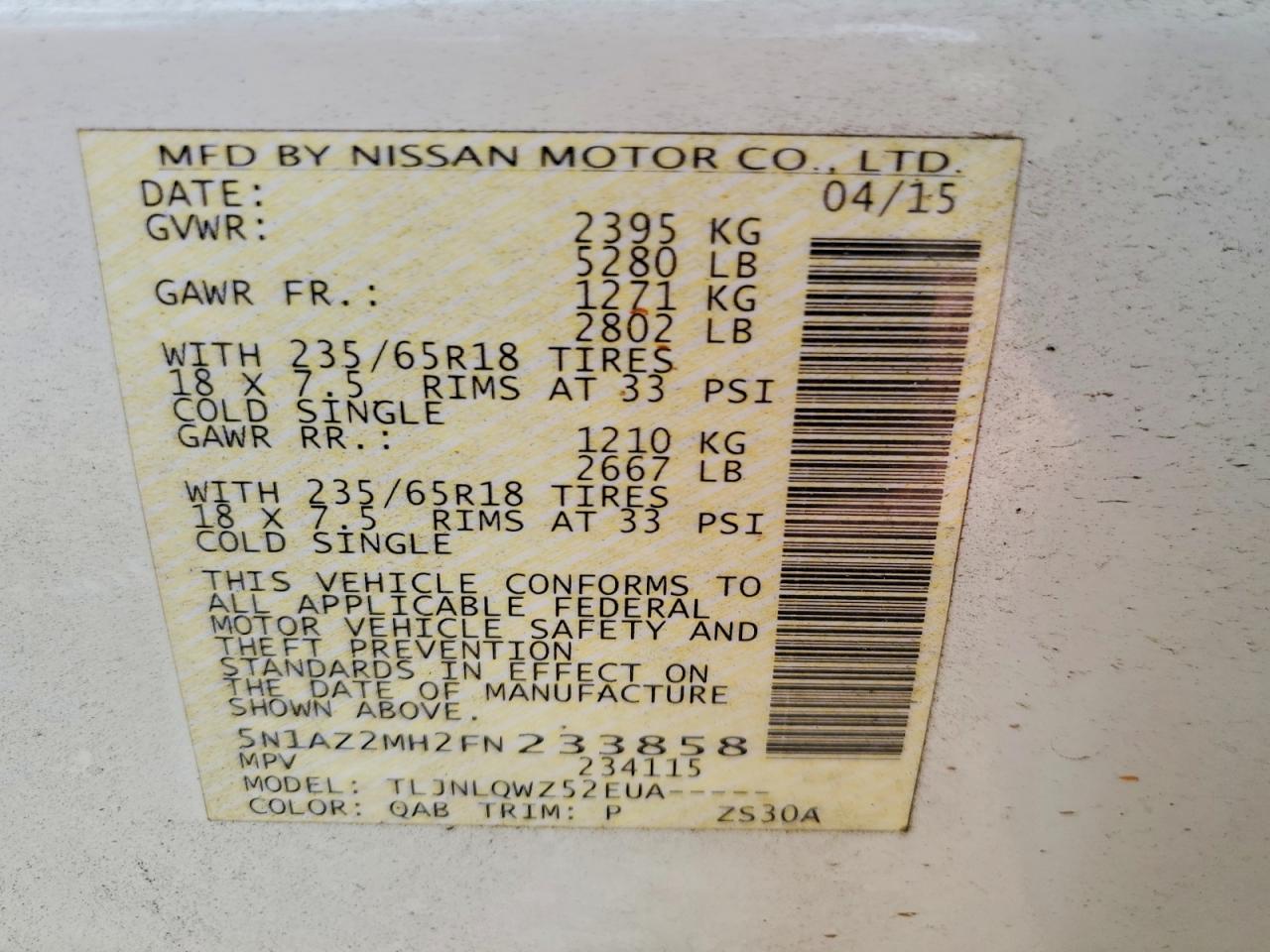 2015 Nissan Murano Sv Белый vin: 5N1AZ2MH2FN233858