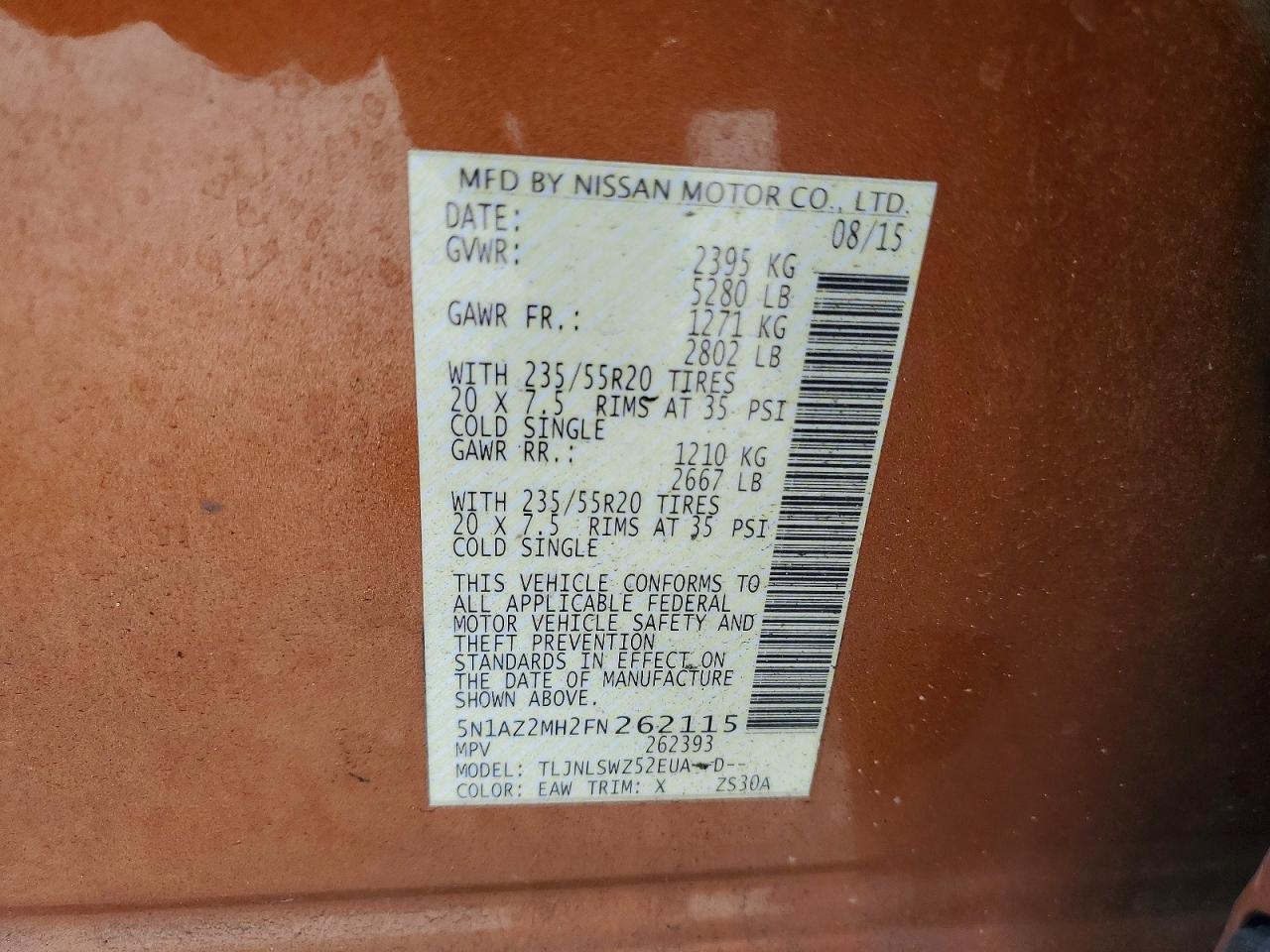 2015 Nissan Murano Platinum Orange vin: 5N1AZ2MH2FN262115