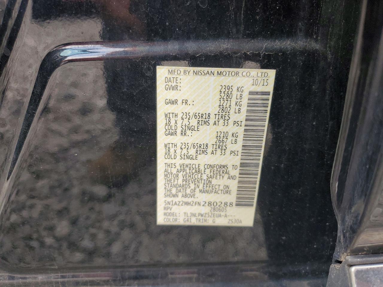 2015 Nissan Murano S Black vin: 5N1AZ2MH2FN280288