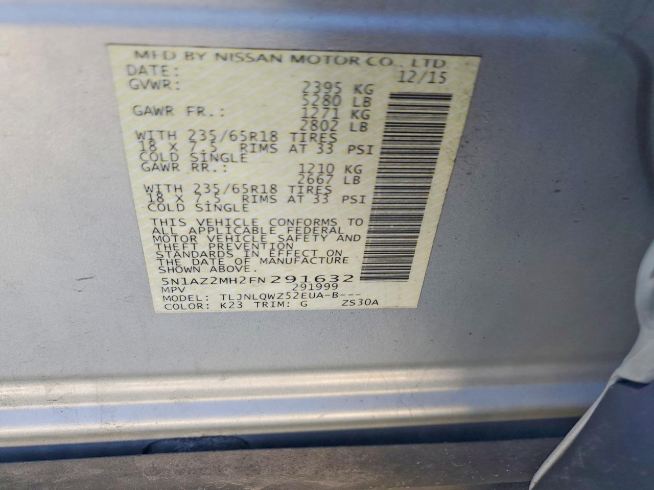 2015 Nissan Murano Sv Silver vin: 5N1AZ2MH2FN291632