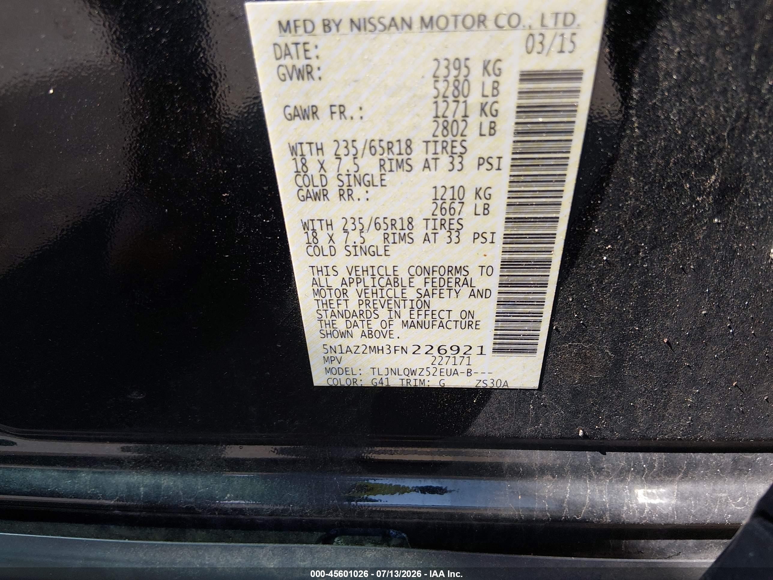2015 Nissan Murano Sv Black vin: 5N1AZ2MH3FN226921