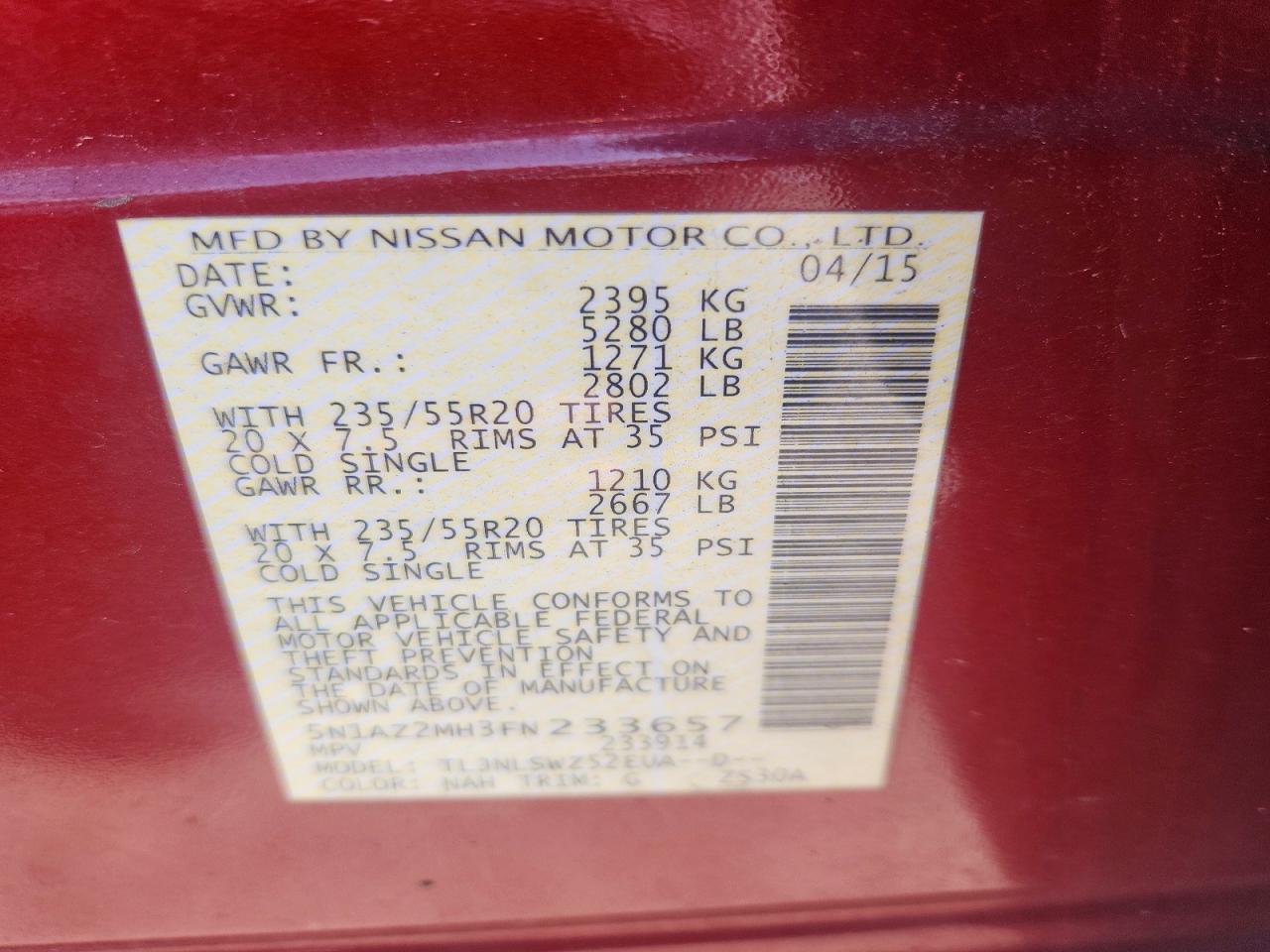 2015 Nissan Murano Platinum Бордовый vin: 5N1AZ2MH3FN233657