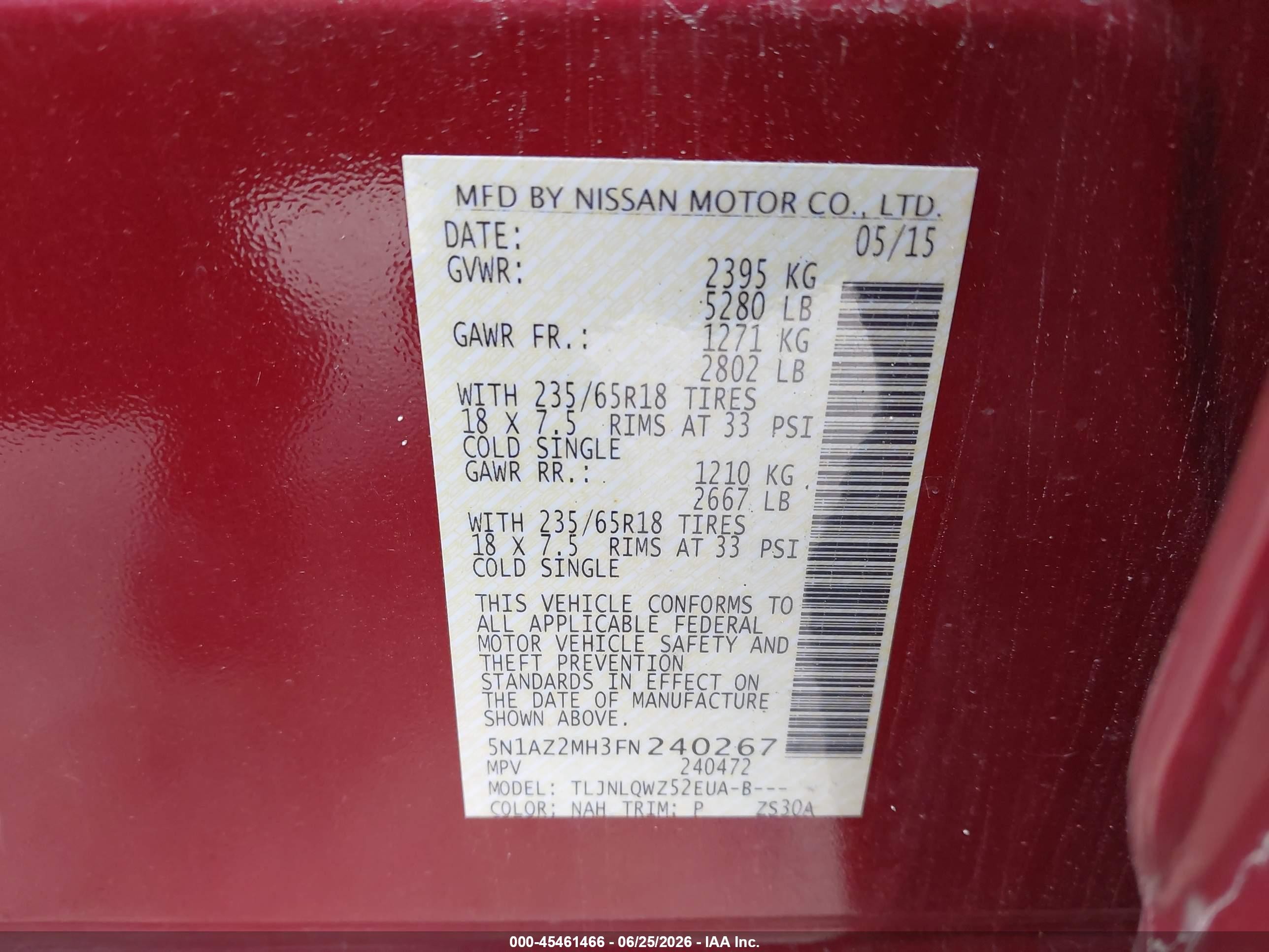 2015 Nissan Murano Sv Red vin: 5N1AZ2MH3FN240267