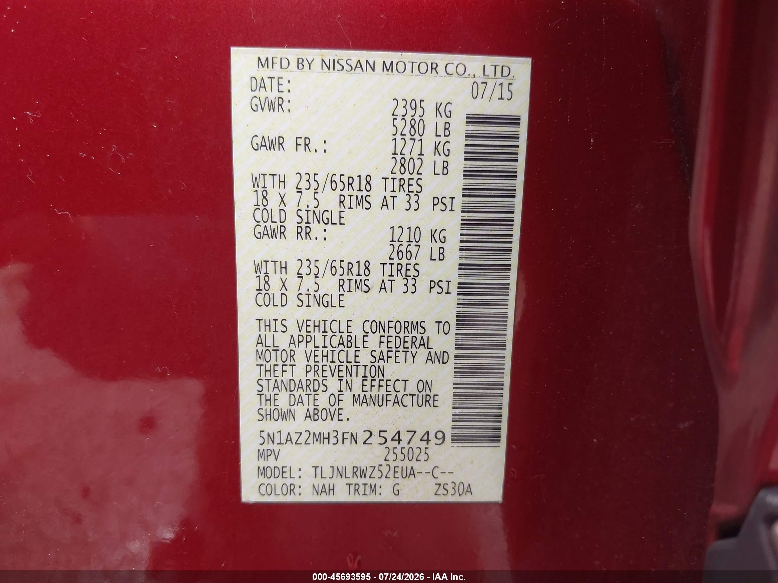 2015 Nissan Murano Sl Red vin: 5N1AZ2MH3FN254749