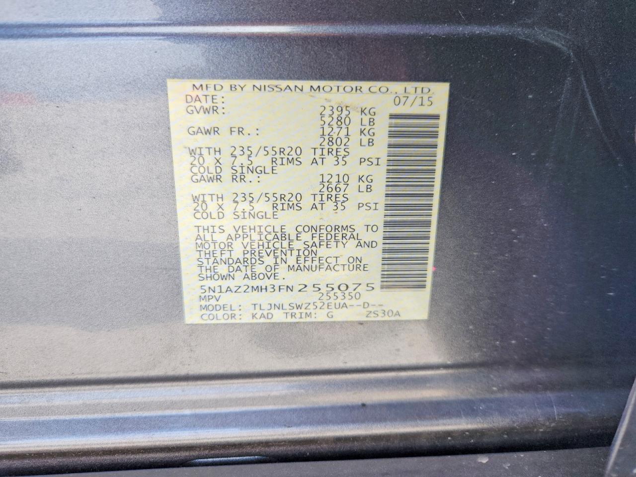 2015 Nissan Murano Platinum Gray vin: 5N1AZ2MH3FN255075