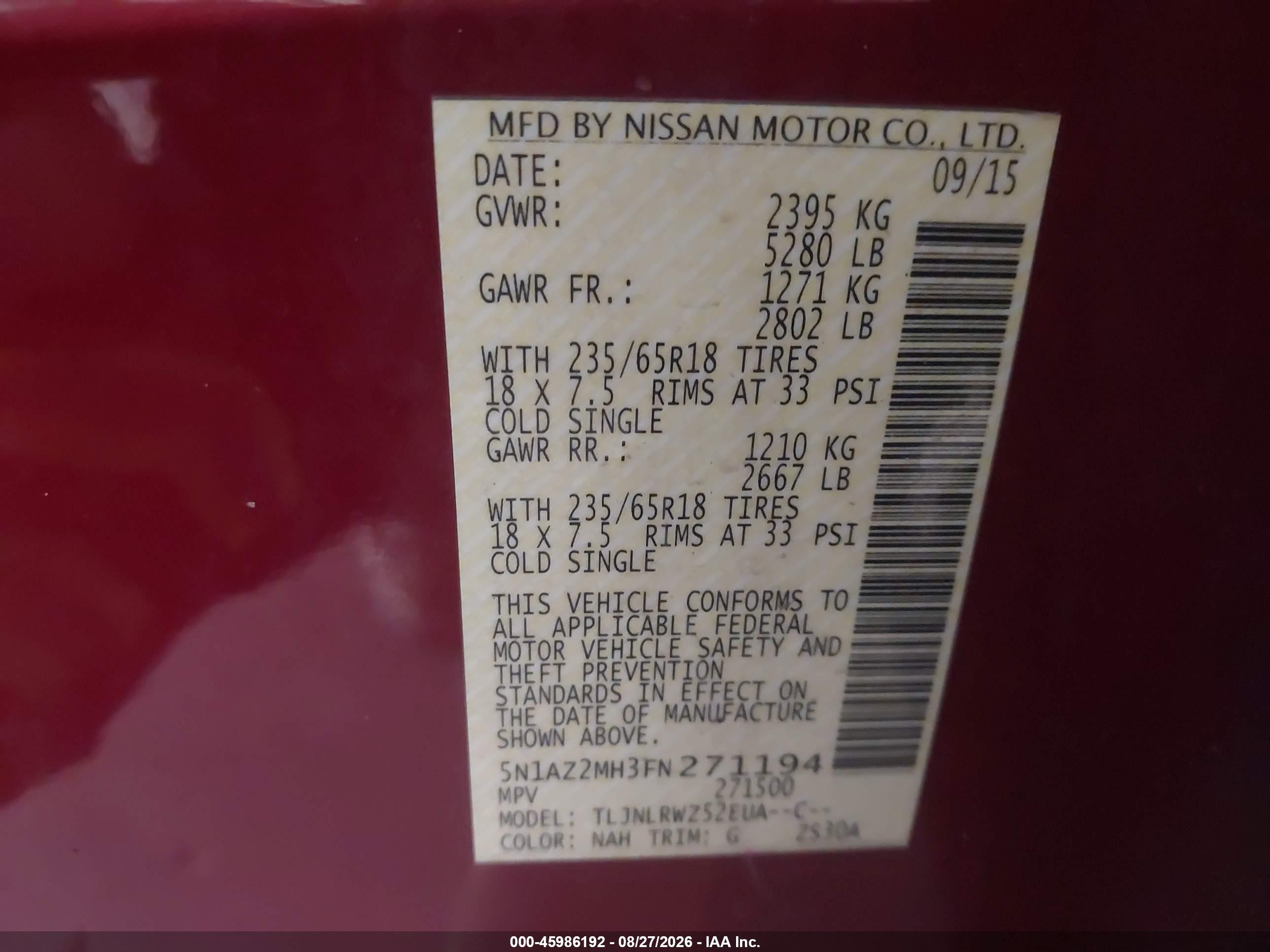 2015 Nissan Murano Sl Red vin: 5N1AZ2MH3FN271194