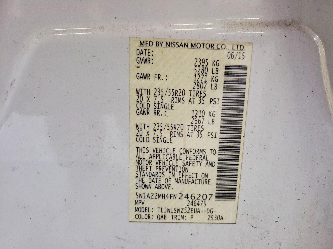 2015 Nissan Murano Platinum Белый vin: 5N1AZ2MH4FN246207