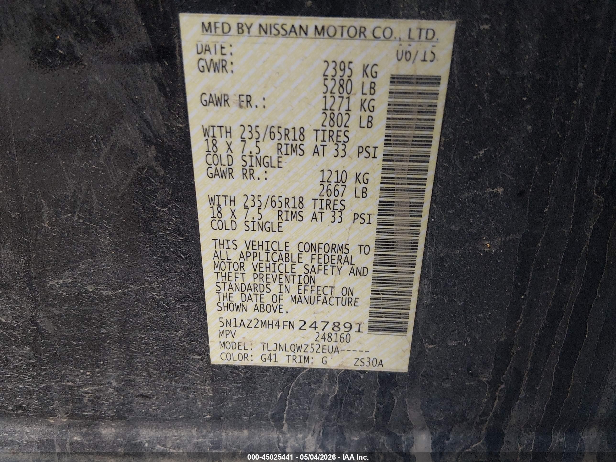2015 Nissan Murano Sv Black vin: 5N1AZ2MH4FN247891