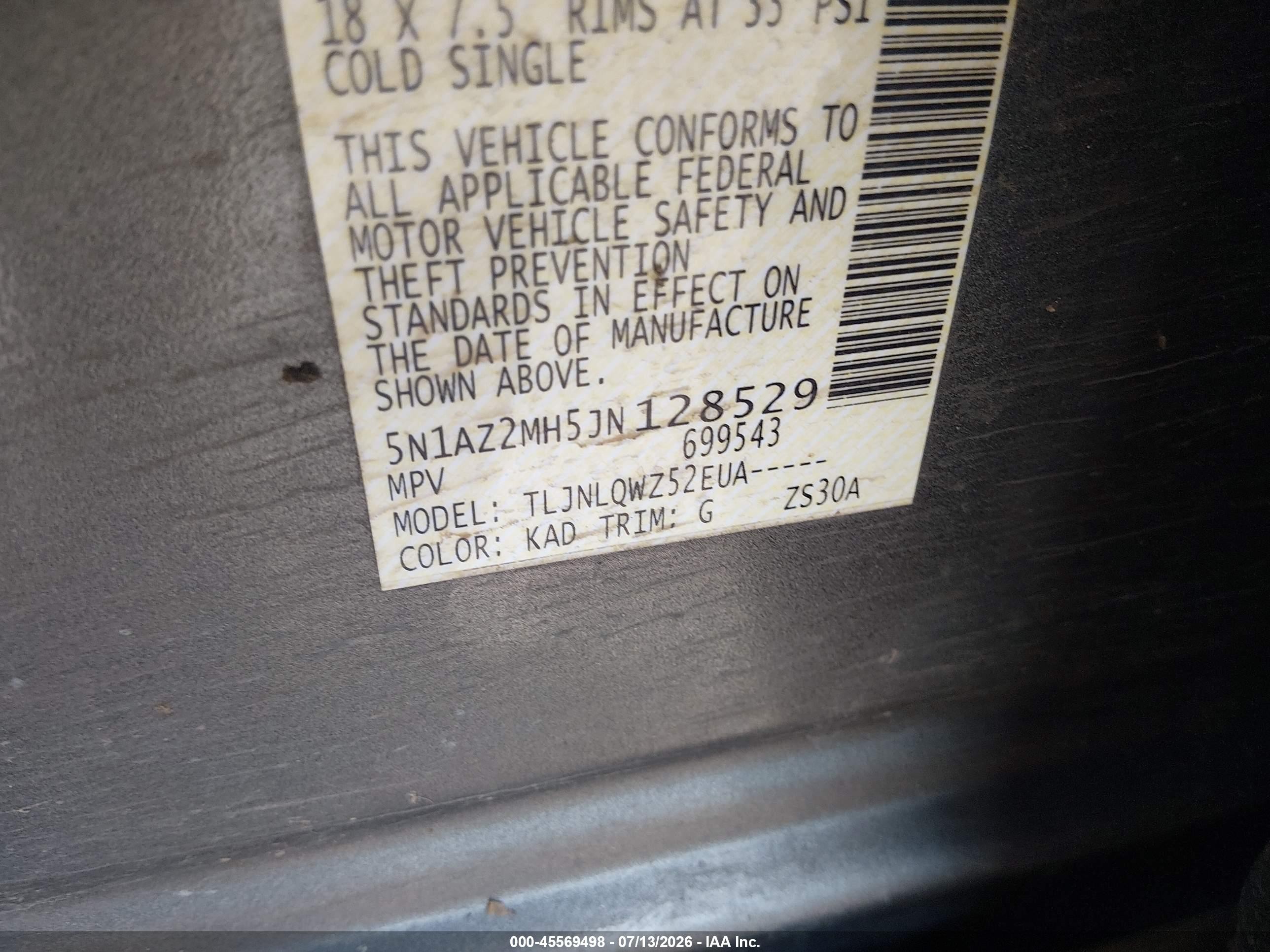 2018 Nissan Murano Sv Gray vin: 5N1AZ2MH5JN128529